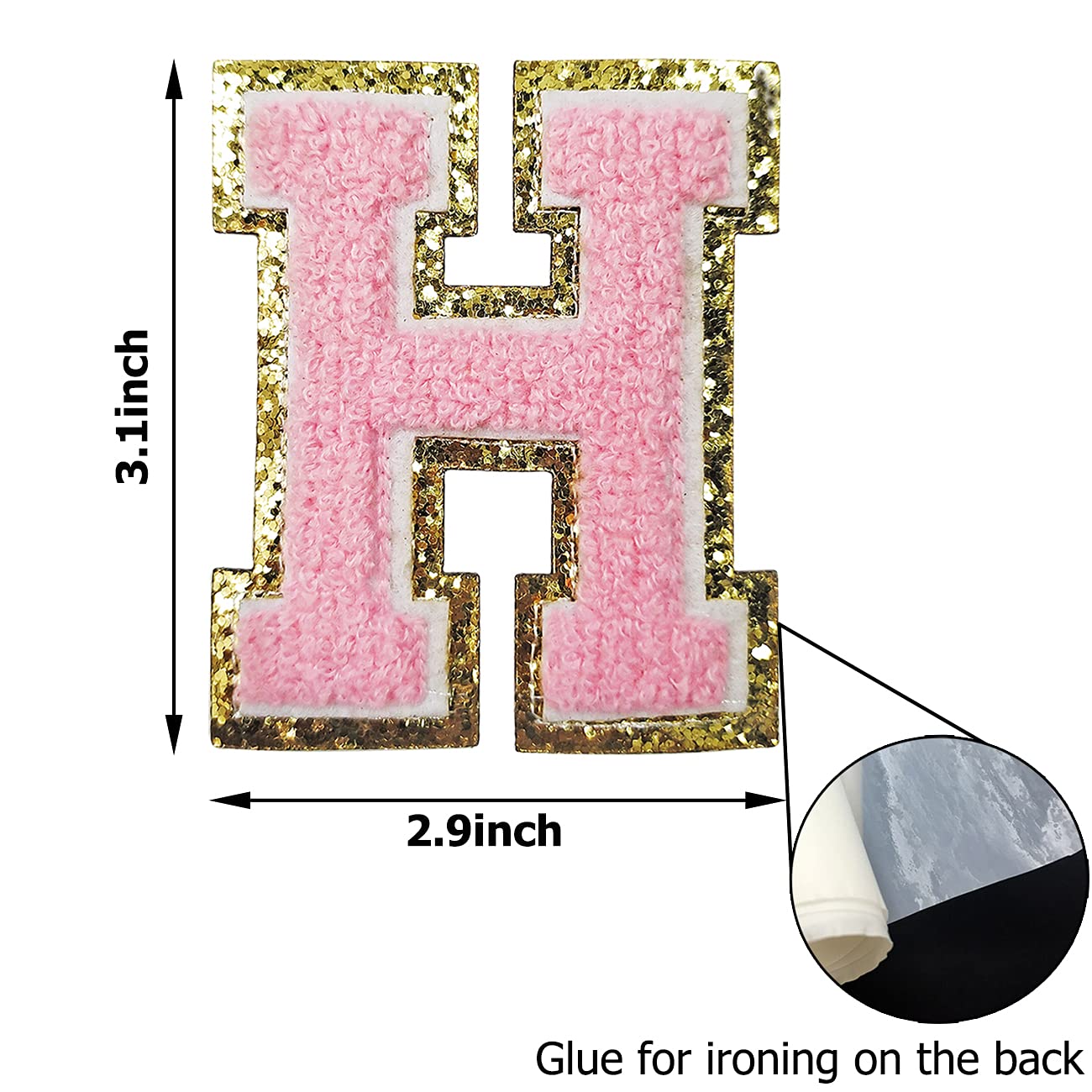 3 PCS Gold Glitter & Pink Chenille Iron-On Letter Patches - Varsity Initial Patches for Team Costumes, Jackets & Bags (3.1in Height) | DIY Clothing Decoration & Personalized Gift Idea