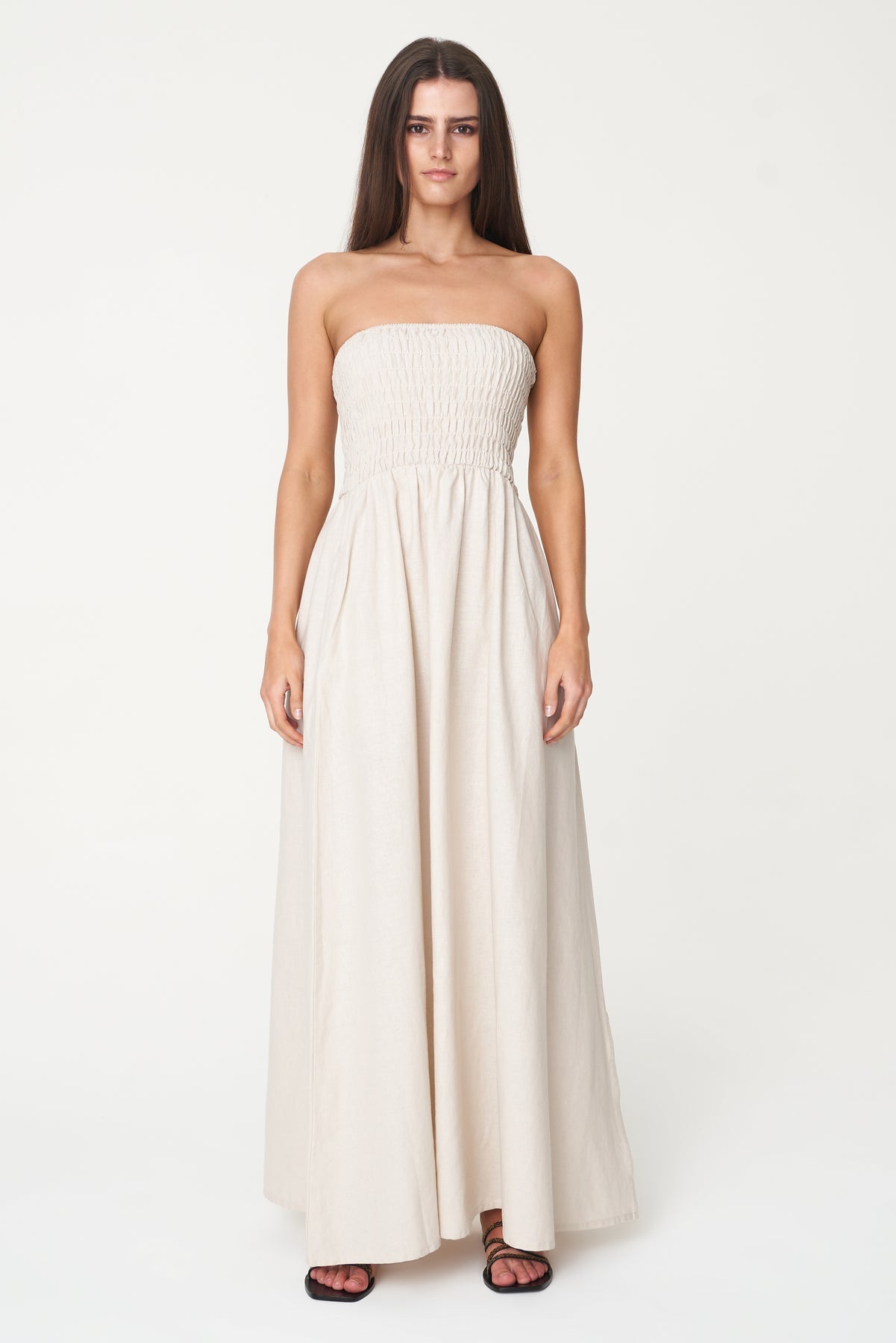 Strapless Linen Midi Dress for Women - Natural Boho Summer Beach Dress - Perfect for Vacation, Date Night & Outdoor Weddings