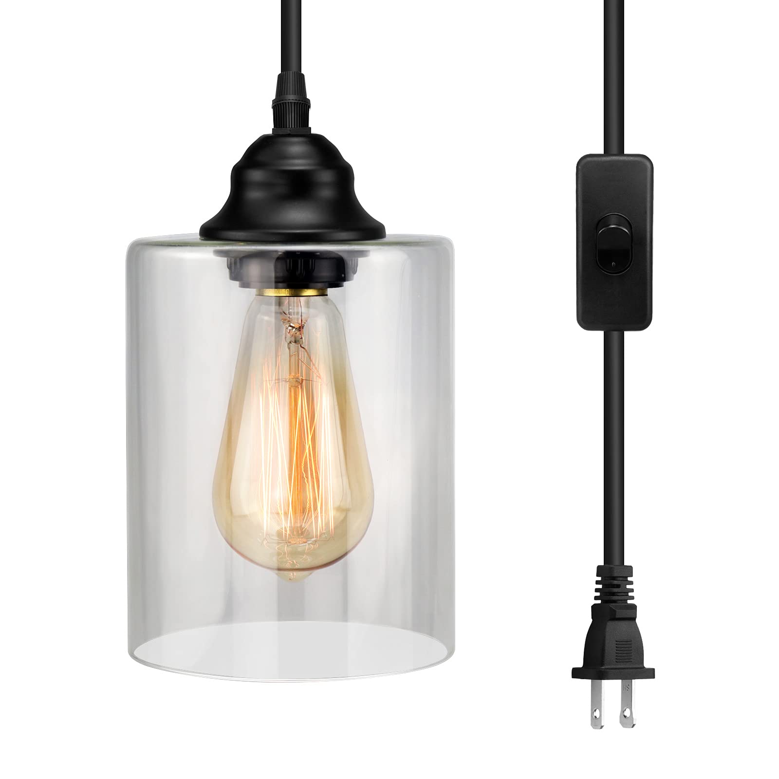 1-Light Plug in Pendant Glass Hanging Light - Industrial Mini Pendant Lighting with Glass Shade - Adjustable Farmhouse Hanging Lamp with Plug in Cord - Black Pendant Lighting for Kitchen Island, Dining Room, Bar Counter & Bedroom
