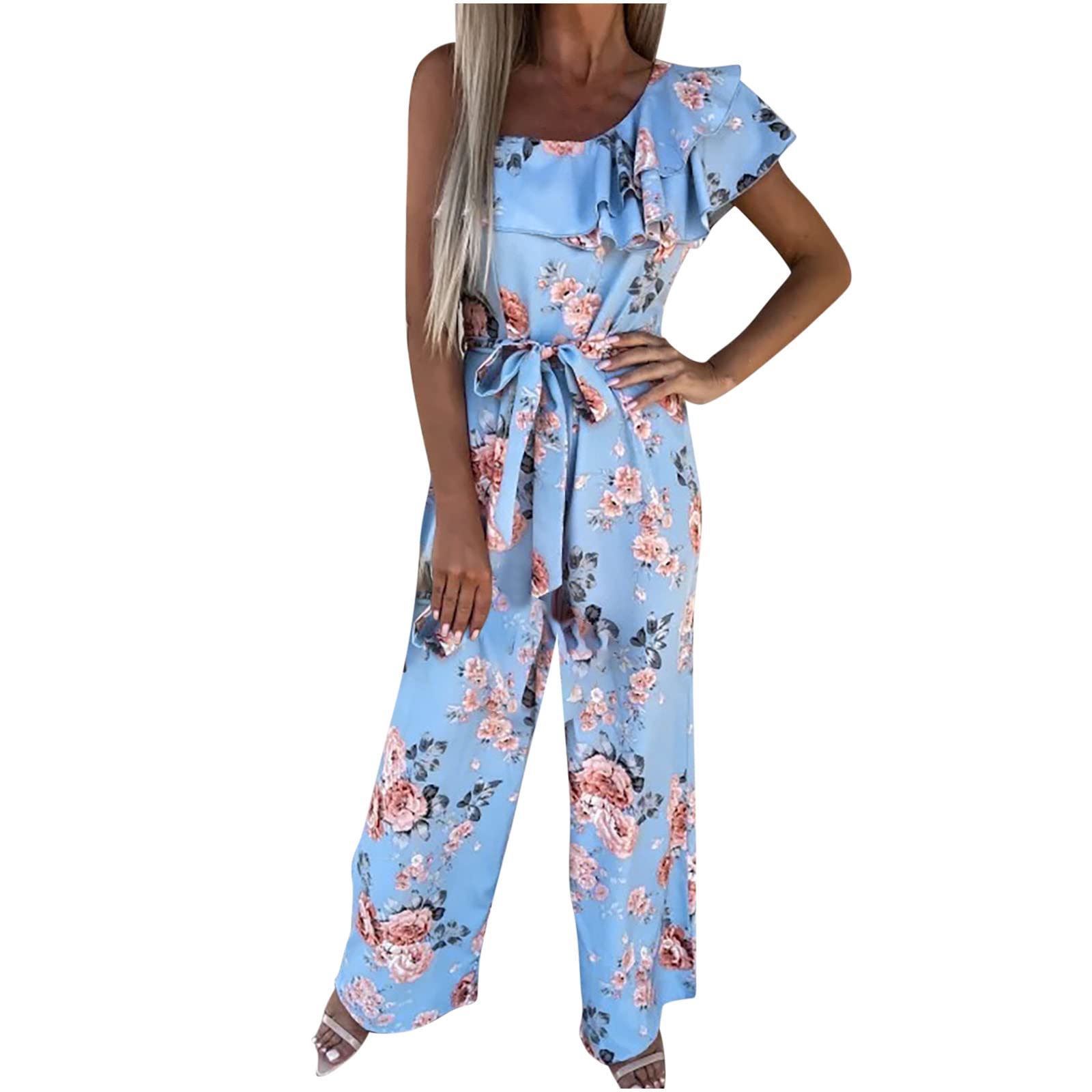 Women's Summer Jumpsuit with Ruffles & Suspenders - One Shoulder Lace-Up Casual Romper | Beachwear, Vacation Outfit, Party Dress