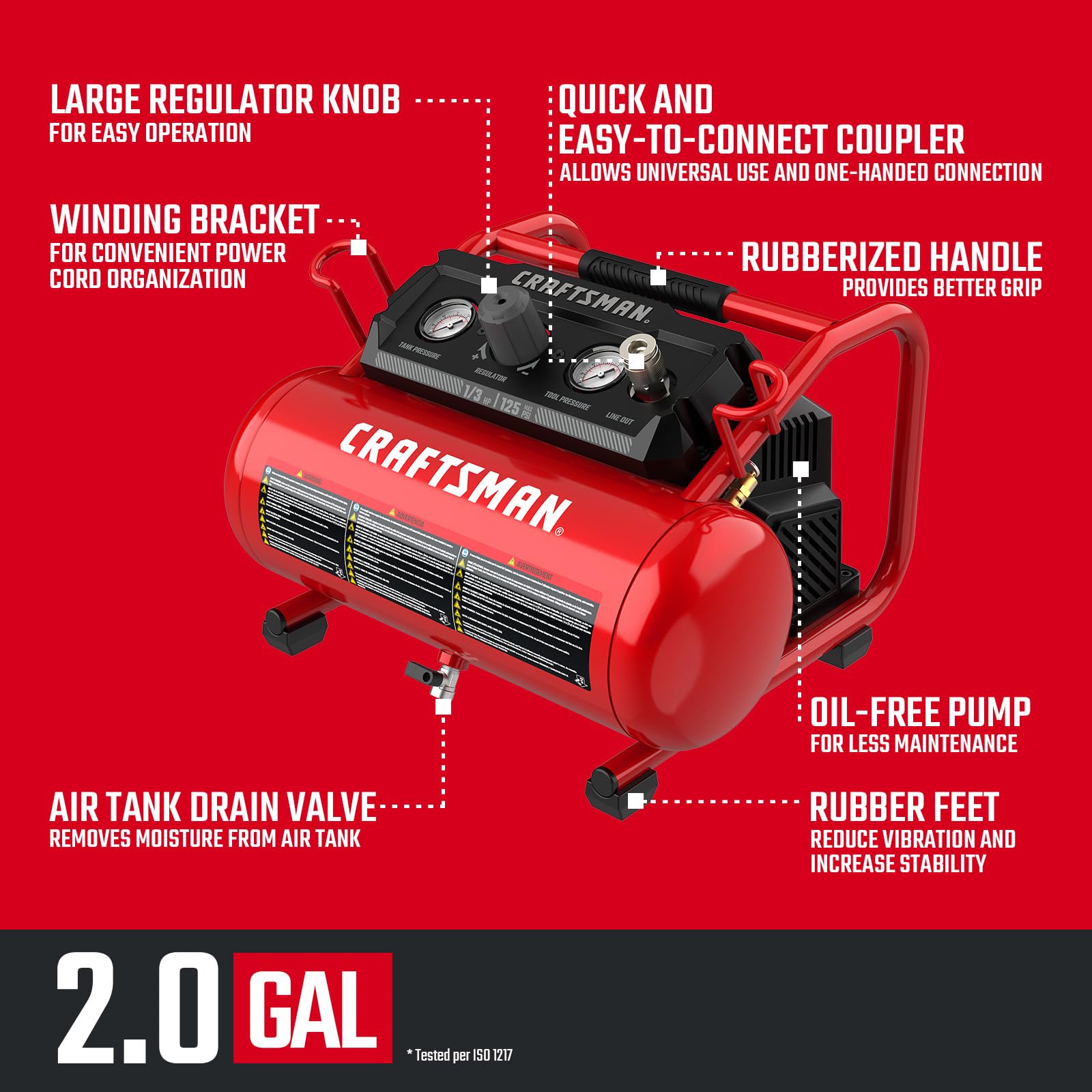 CRAFTSMAN 2 Gallon Portable Air Compressor - 1/3 HP Oil-Free, 125 PSI Max Pressure - Perfect for Inflating Tires, Powering Nail Guns & Air Tools (Home Garage, Construction Site, DIY Projects)