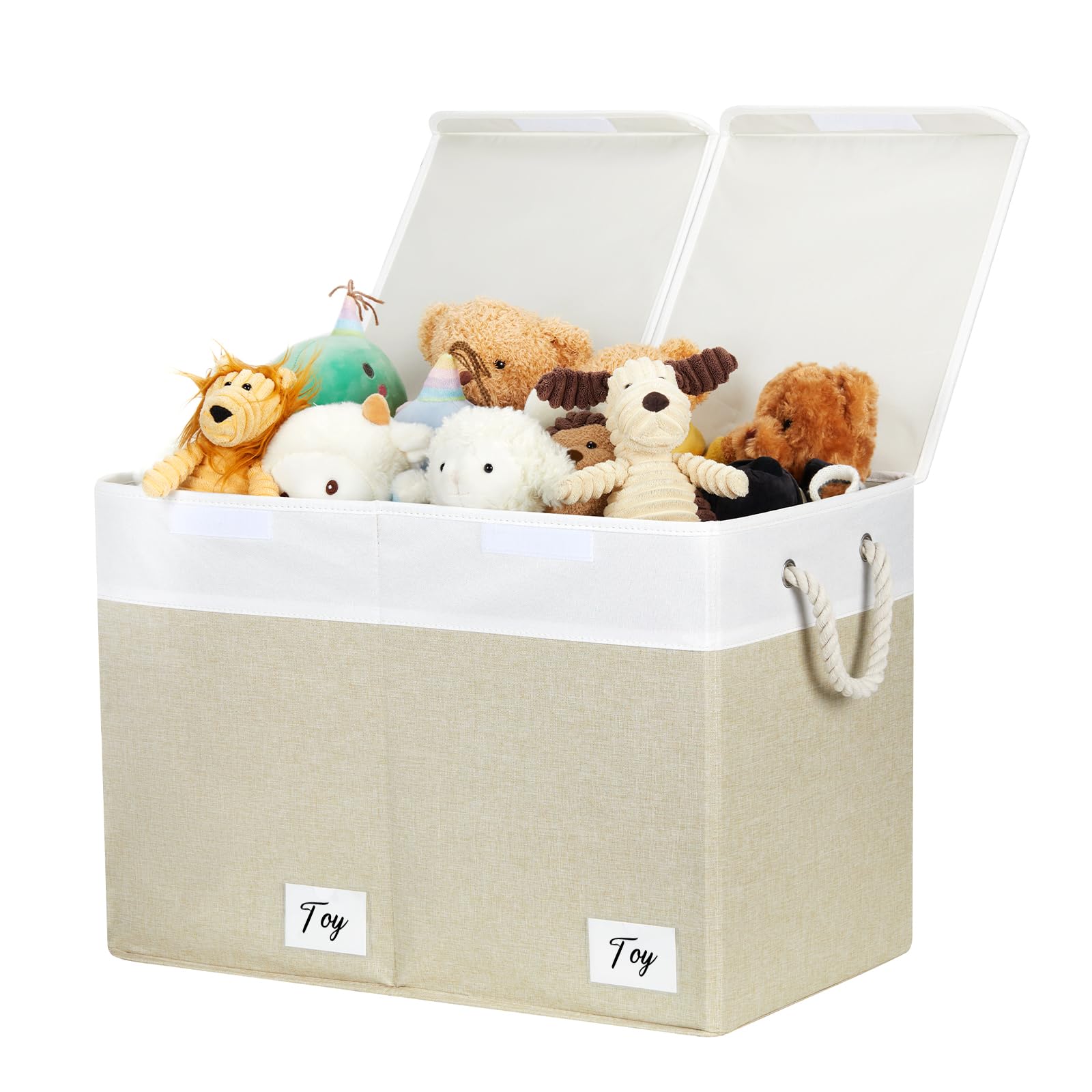 HNZIGE Large Collapsible Fabric Storage Box with Flip-Top Lid - Toy Organizer Bin for Kids Bedroom, Clothes & Toys - Foldable Toy Chest Container (White & Beige) | Perfect for Nursery Organization, Playroom Storage & Closet Decluttering