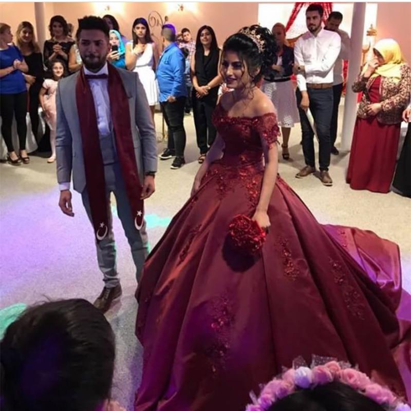 Elegant Burgundy Satin Off-The-Shoulder Wedding Dress with Lace Flowers - A-Line Ball Gown for Brides, Prom, Evening Gala & Formal Occasions