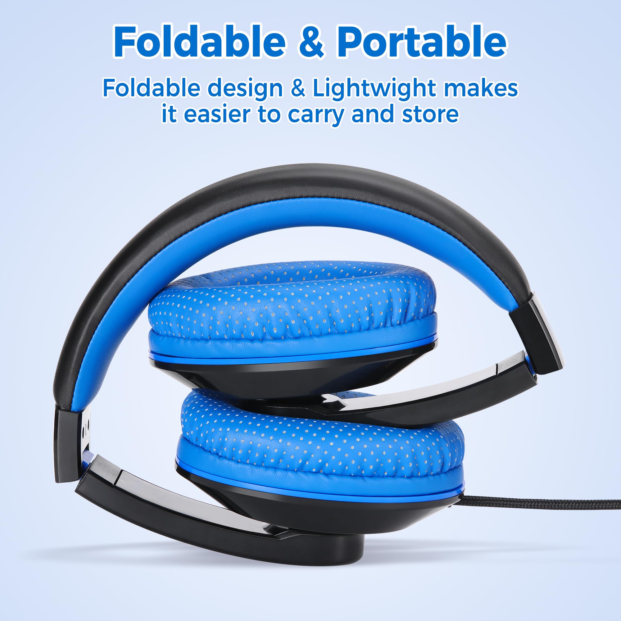 Rockpapa Comfort+ Kids Headphones with Microphone - Over-Ear Wired Headphones for Boys & Girls, Students - Compatible with School, Classroom, Laptop, PC, Computer & Tablet (Black/Blue) - Perfect for Online Learning, Homeschooling & Remote Classes