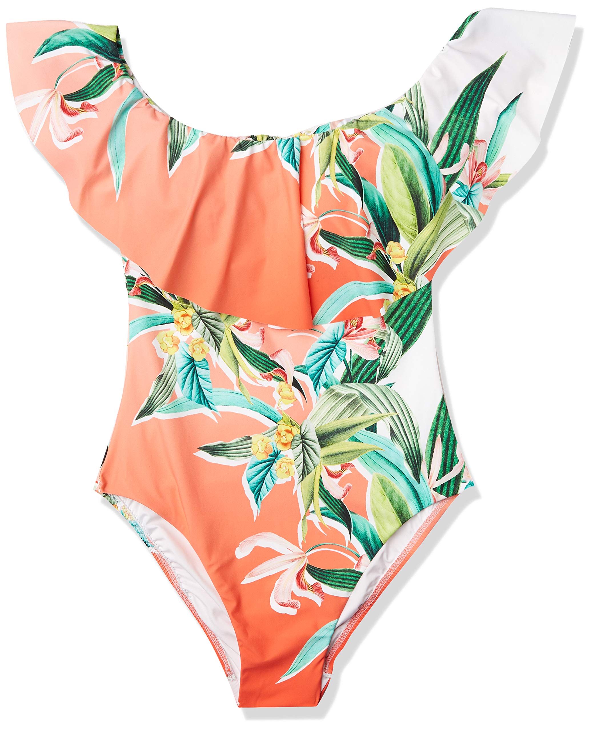 Trina Turk Women's Off Shoulder Ruffle Bandeau One Piece Swimsuit - Stylish Swimwear for Beach Vacations, Pool Parties & Summer Getaways