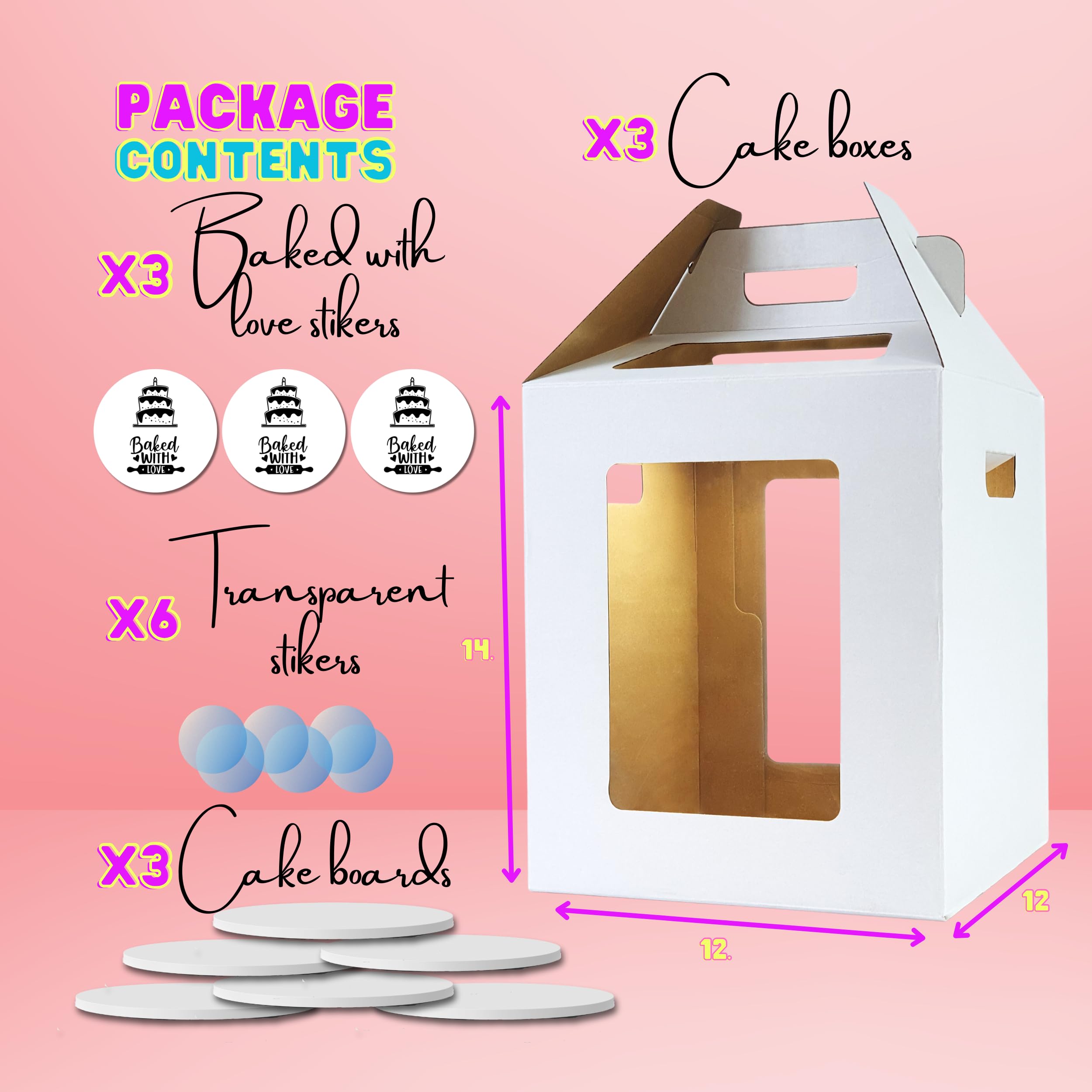 BOOMBE 12x12x14 Inch Tall Cake Boxes with Lids & Handles - 6 Pack White Bakery Boxes with Window for Layer Cakes - Perfect for Wedding Cakes, Birthday Cakes & Professional Baking Display