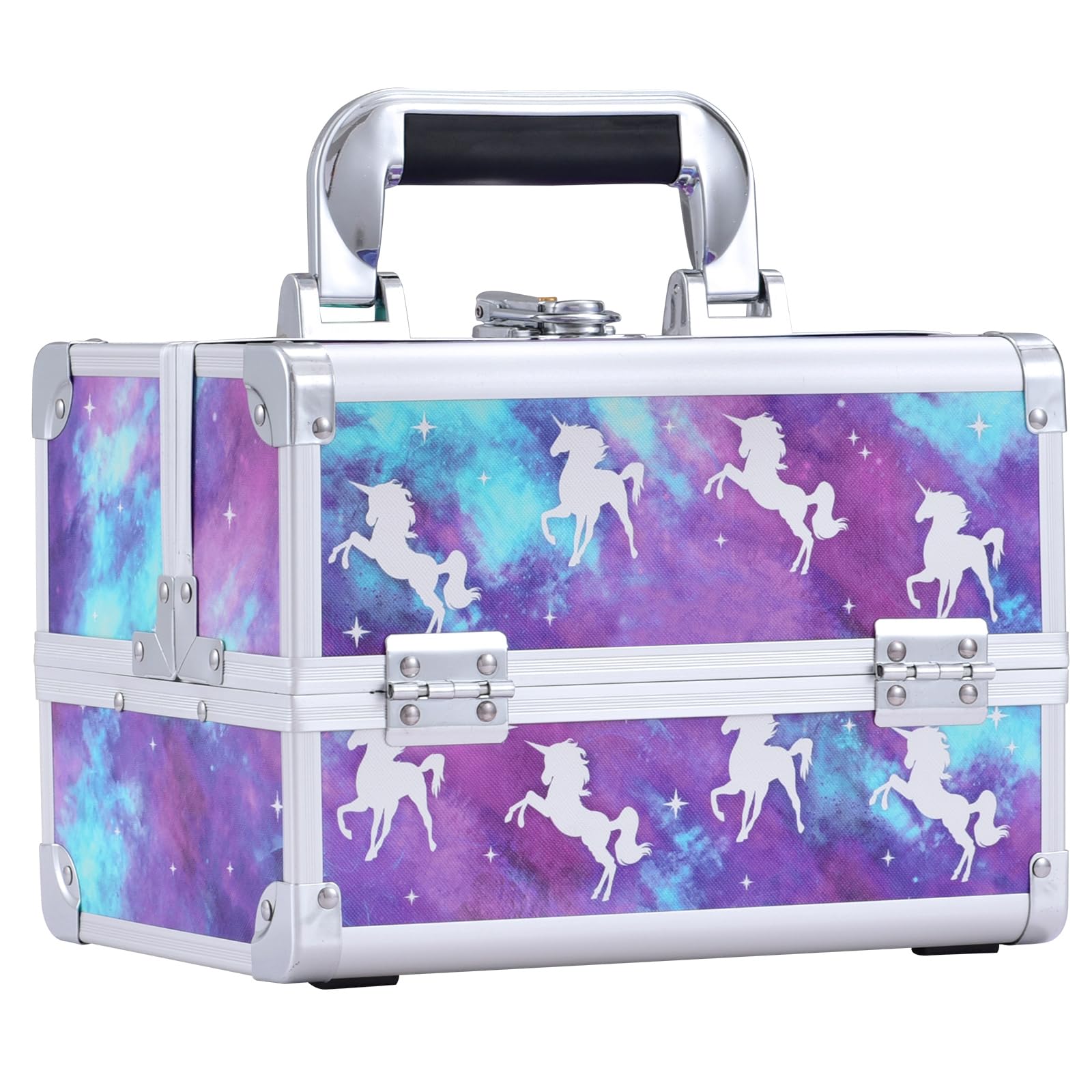 Joligrace Vanity Case Makeup Organizer with 5X Magnifying Mirror - Portable Cosmetic Storage Box for Travel, Home & Salon Use - Purple Unicorn Design Beauty Train Case