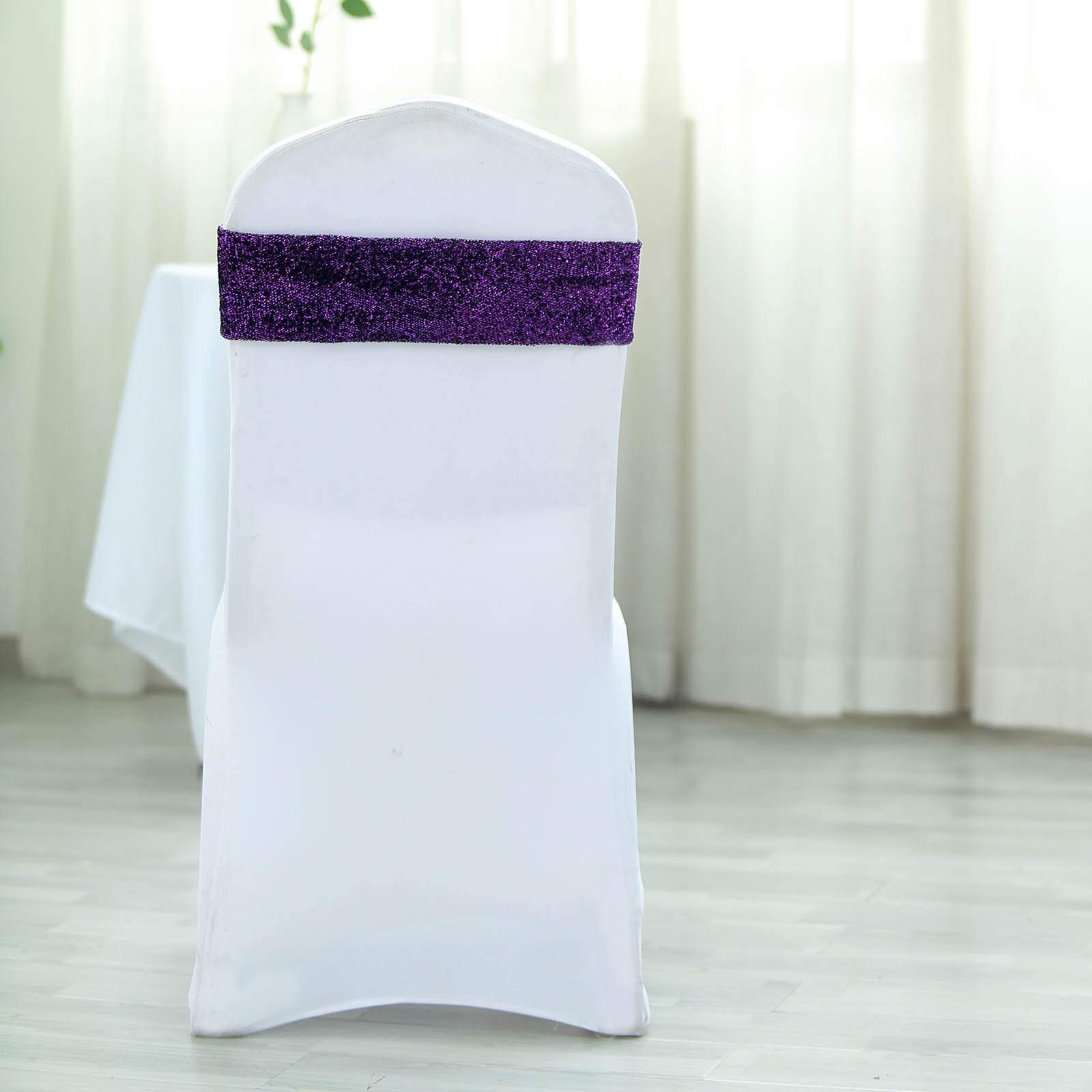 10 Pack Purple Metallic Spandex Chair Sashes & Bows - Elegant Wedding, Party, Banquet Decorations - Perfect for Chair Backs, Table Settings & Venue Decor - Ideal for Bridal Showers, Baby Showers & Anniversary Celebrations - Great for Home Decor, Birthday Parties and Special Events