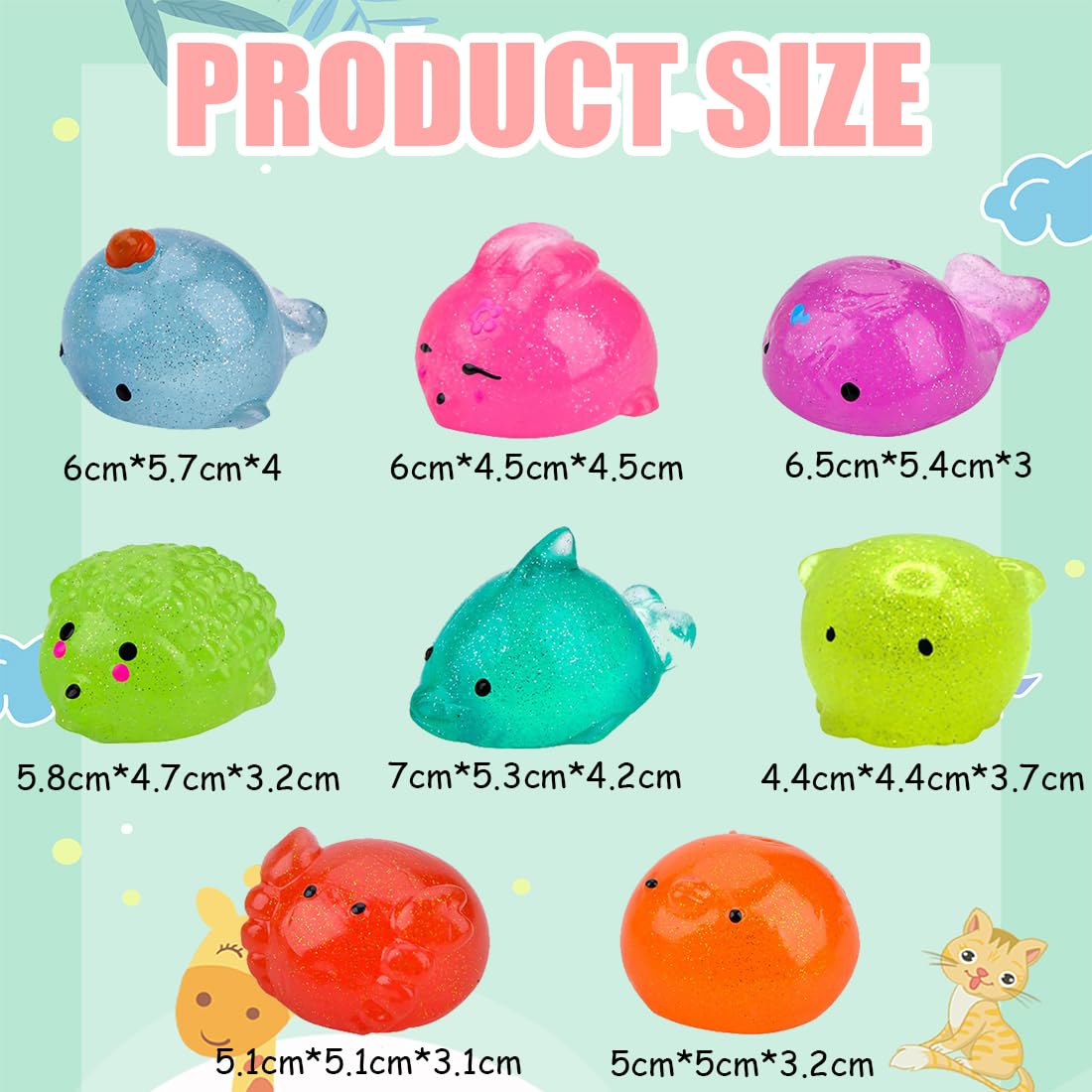 Glow in The Dark Mochi Squishy Toys - 8 Pack Mini Kawaii Stress Relief Animals for Kids Party Favors, Sensory Fidget Toys for Anxiety Relief & Classroom Rewards
