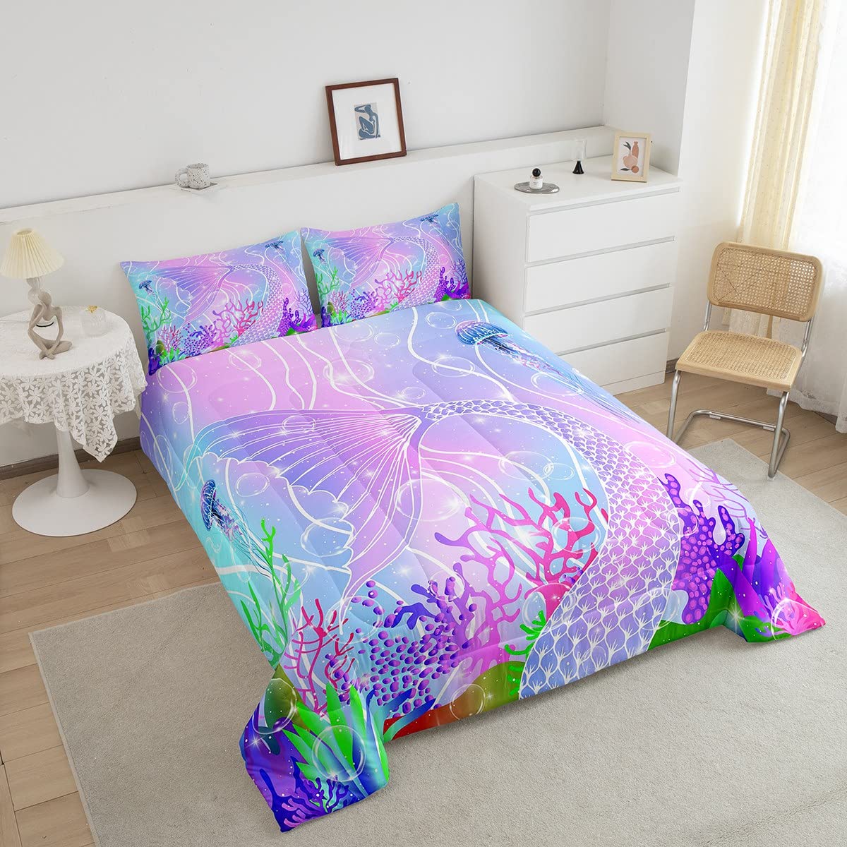 Mermaid Comforter Set - Ocean Sea Marine Themed Full Size Duvet with Purple Mermaid Scales | Soft Foam Bedding for Kids, Teens & Adults | Perfect for Underwater Themed Bedroom Decor & Nautical Nursery Design