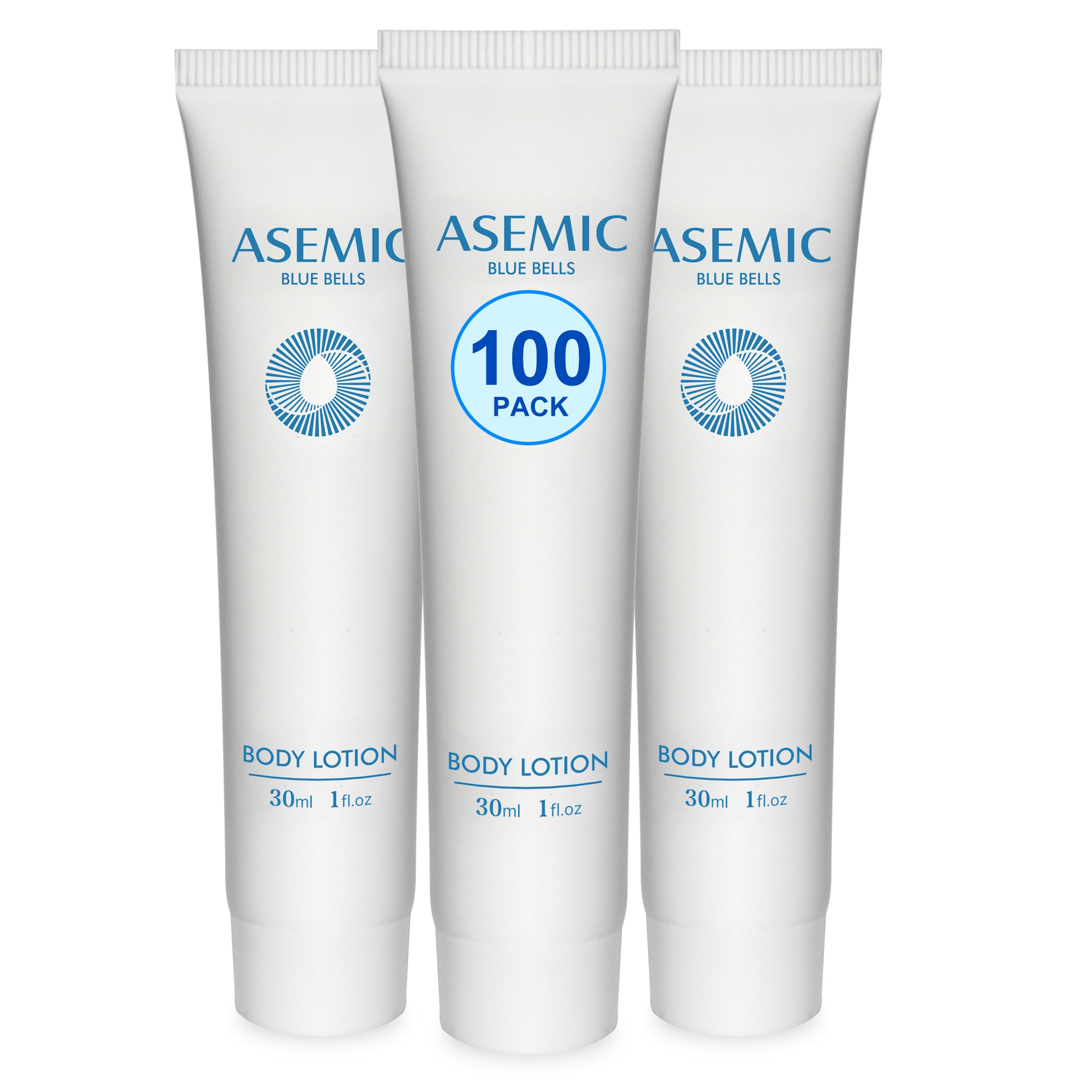 ASEMIC Mini Travel Size Body Lotion - 100 Pack (1 fl oz Each) | Bulk Toiletries for Hotels, Hospitality & Travel | Moisturizing Blue Bell Scent for Dry Skin Care - Perfect for Hotels, Gyms, Spas & Guest Amenities
