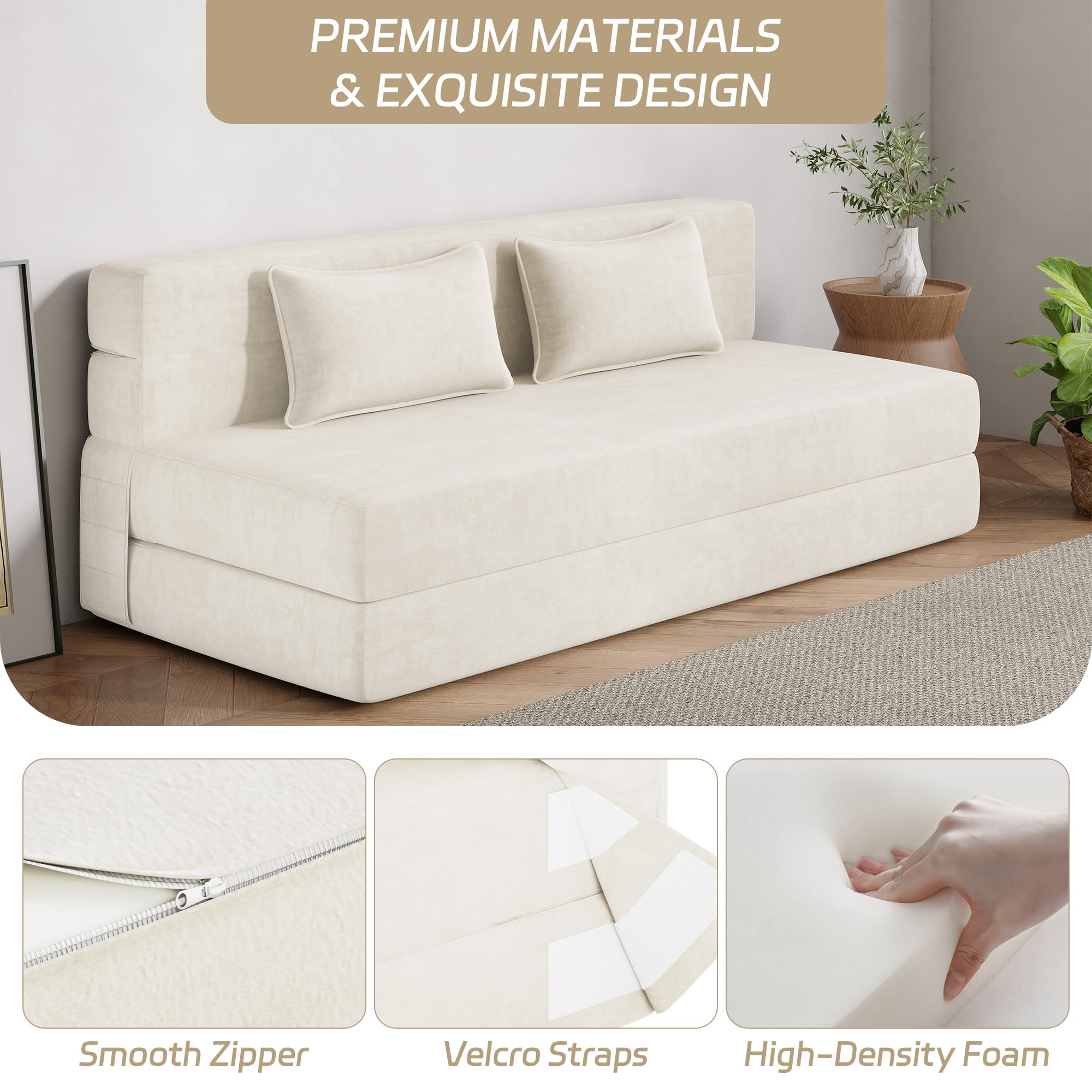 Convertible Folding Sofa Bed Queen Size with Pillows - Foldable Futon Sleeper Chair for Living Room, Dorm & Guest Room - Washable Cover, Off White - Perfect for Small Spaces, Lounging & Overnight Guests