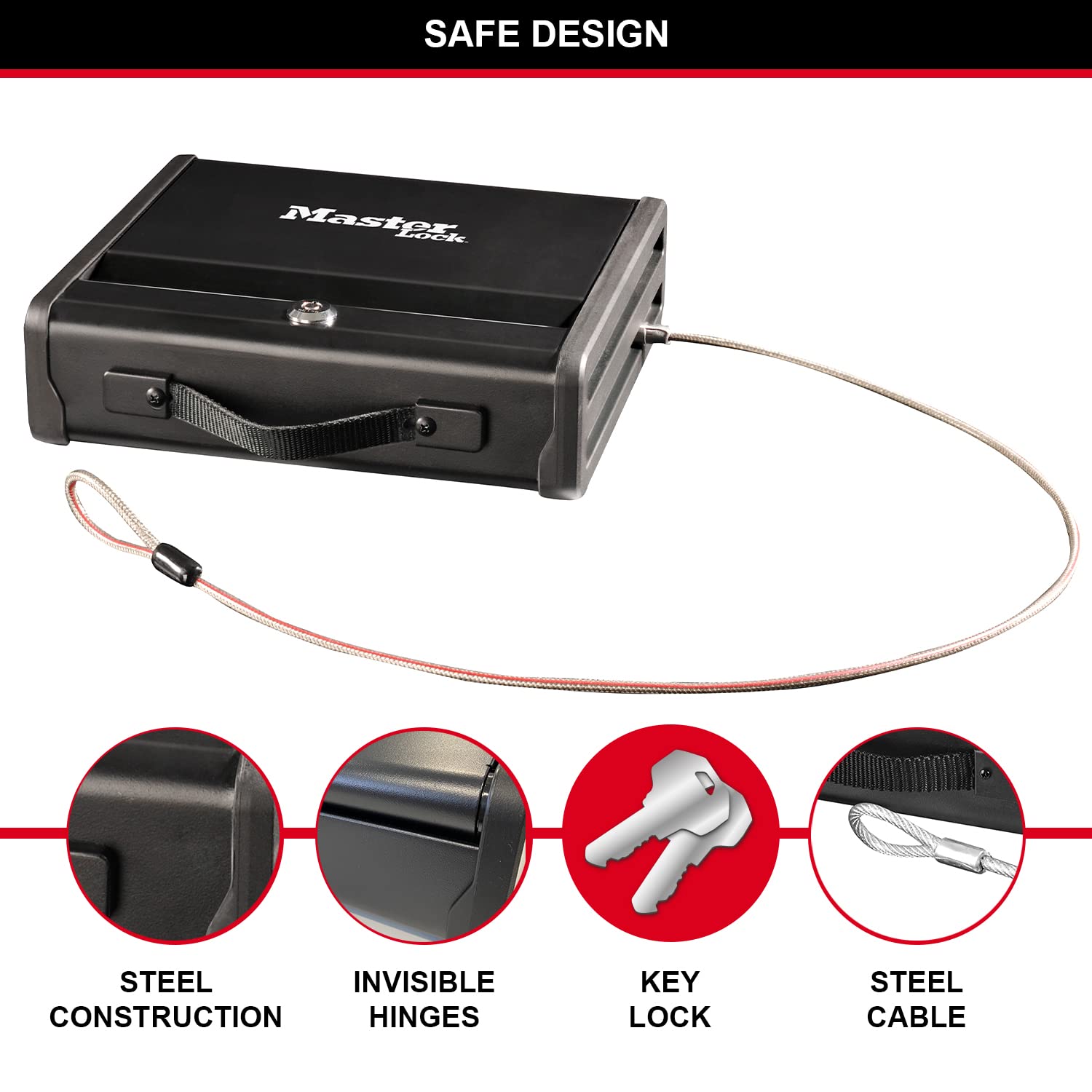 MASTER LOCK Compact Drawer Safe with Key Lock & Steel Cable - PP1KML - Small Security Lockbox for Home, Office, Closet & Travel Use