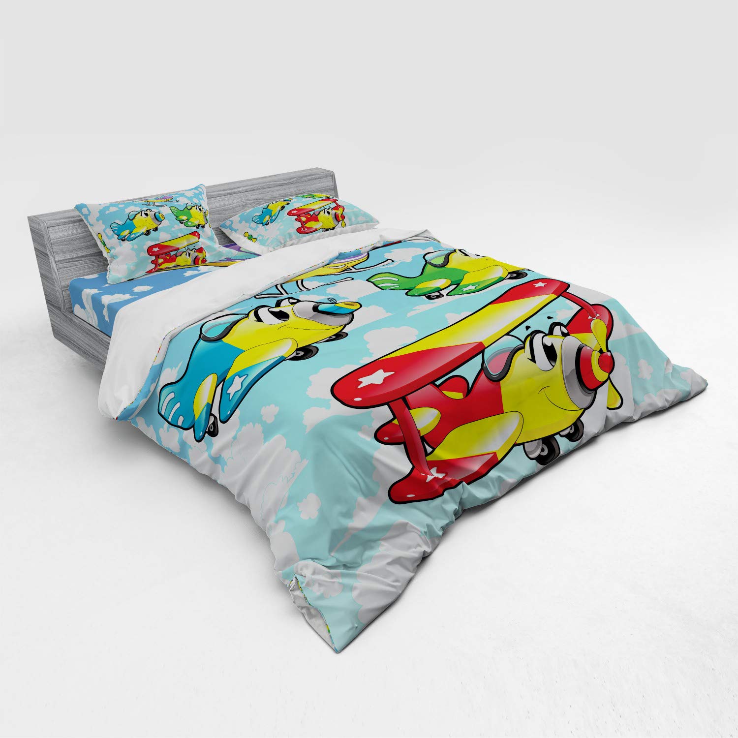 Ambesonne Cartoon Airplane & Helicopter Bedding Set - 3 Piece Duvet Cover with Sham & Fitted Sheet, King Size, Colorful Cloud Sky Print - Perfect for Kids' Rooms & Aviation-Themed Bedrooms