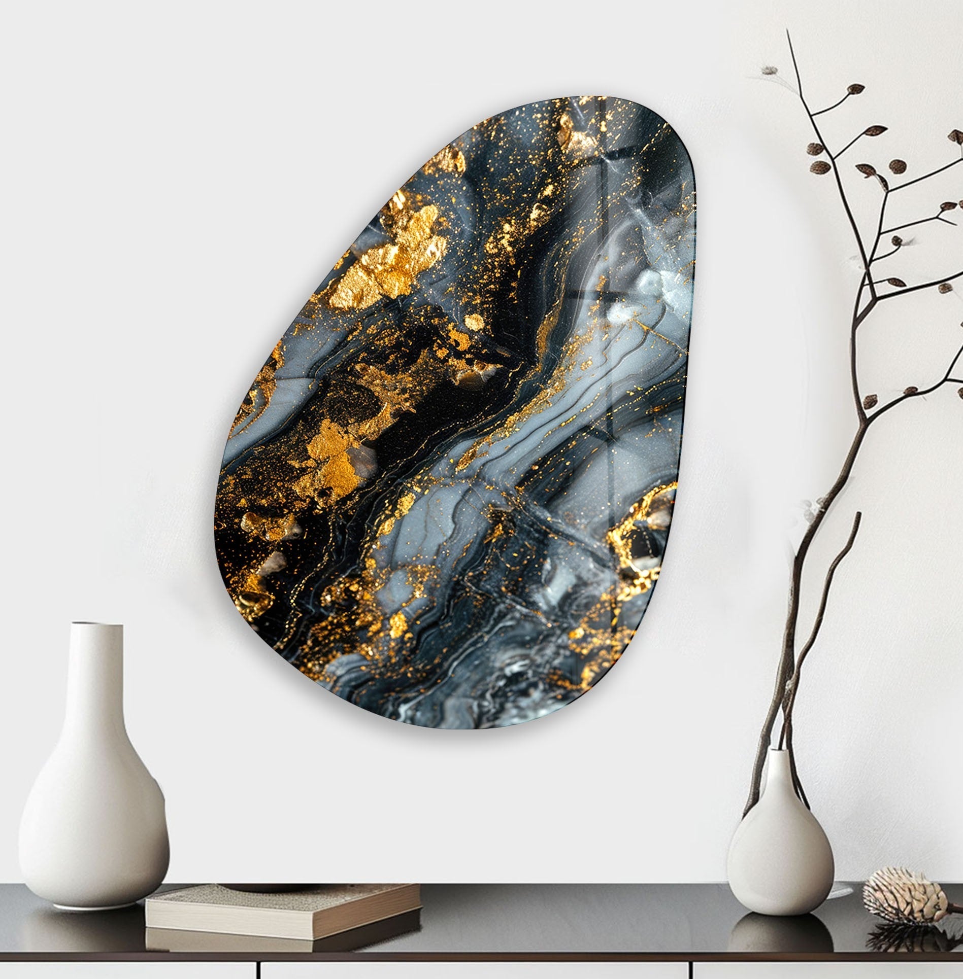 Modern Asymmetrical Oval Glass Wall Art with Black & Gold Accents - Elegant Home Decor for Living Room, Bedroom, or Office