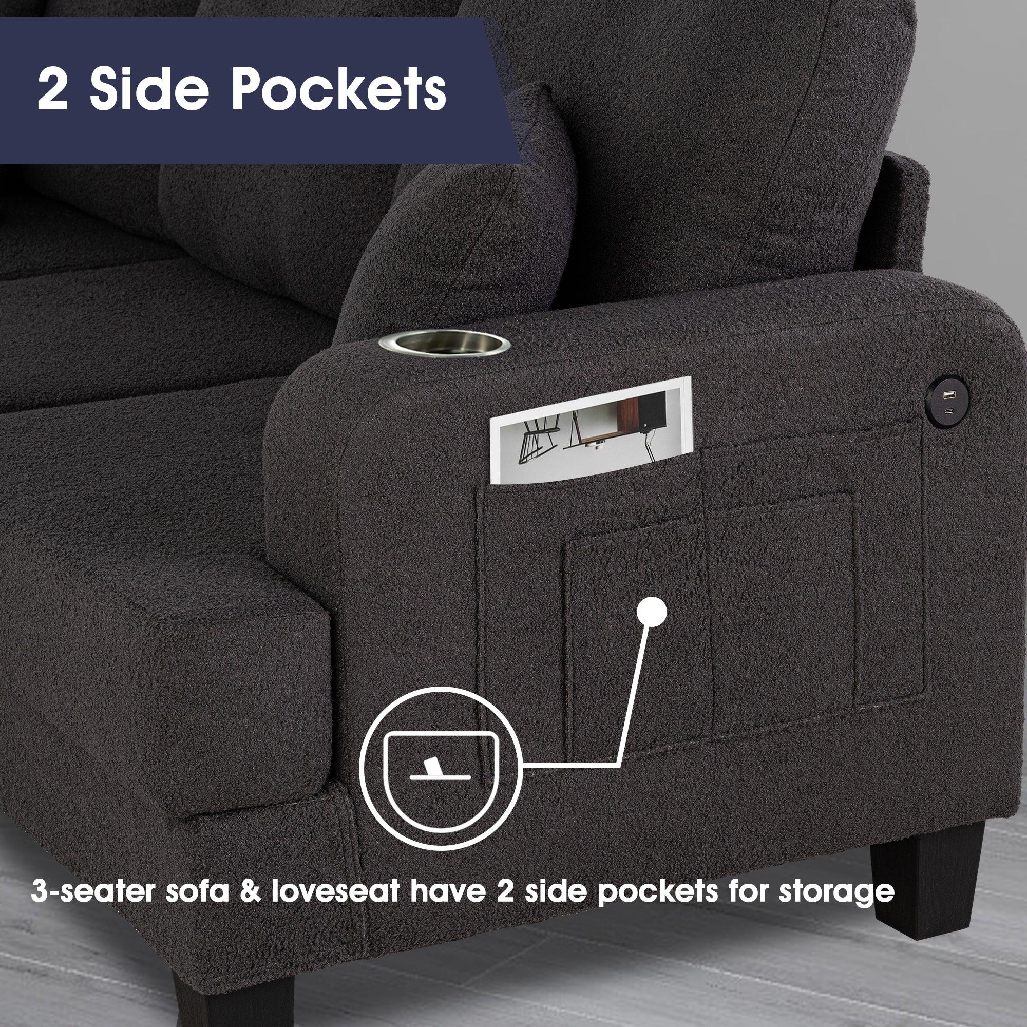 Dark Gray 3-Piece Sofa Set with Storage Ottoman & USB Charging - Modern Living Room Furniture for Small Spaces, Perfect for Apartments, Dorms and Cozy Homes