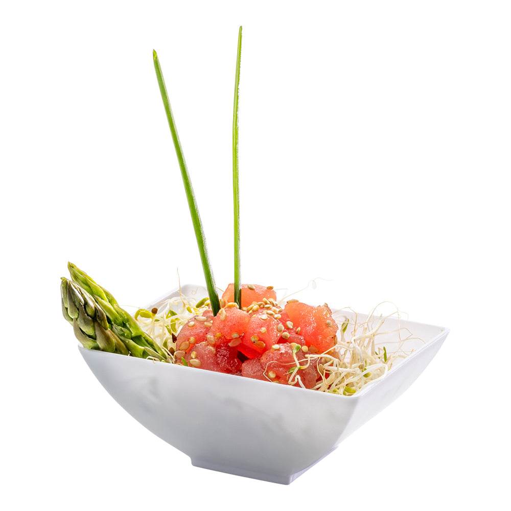 100-Pack 3 oz Rectangle White Plastic Small Architetto Bowls with 100 Silver Mini Plastic Spoons - Perfect for Party Favors, Dessert Cups, and Catering Events