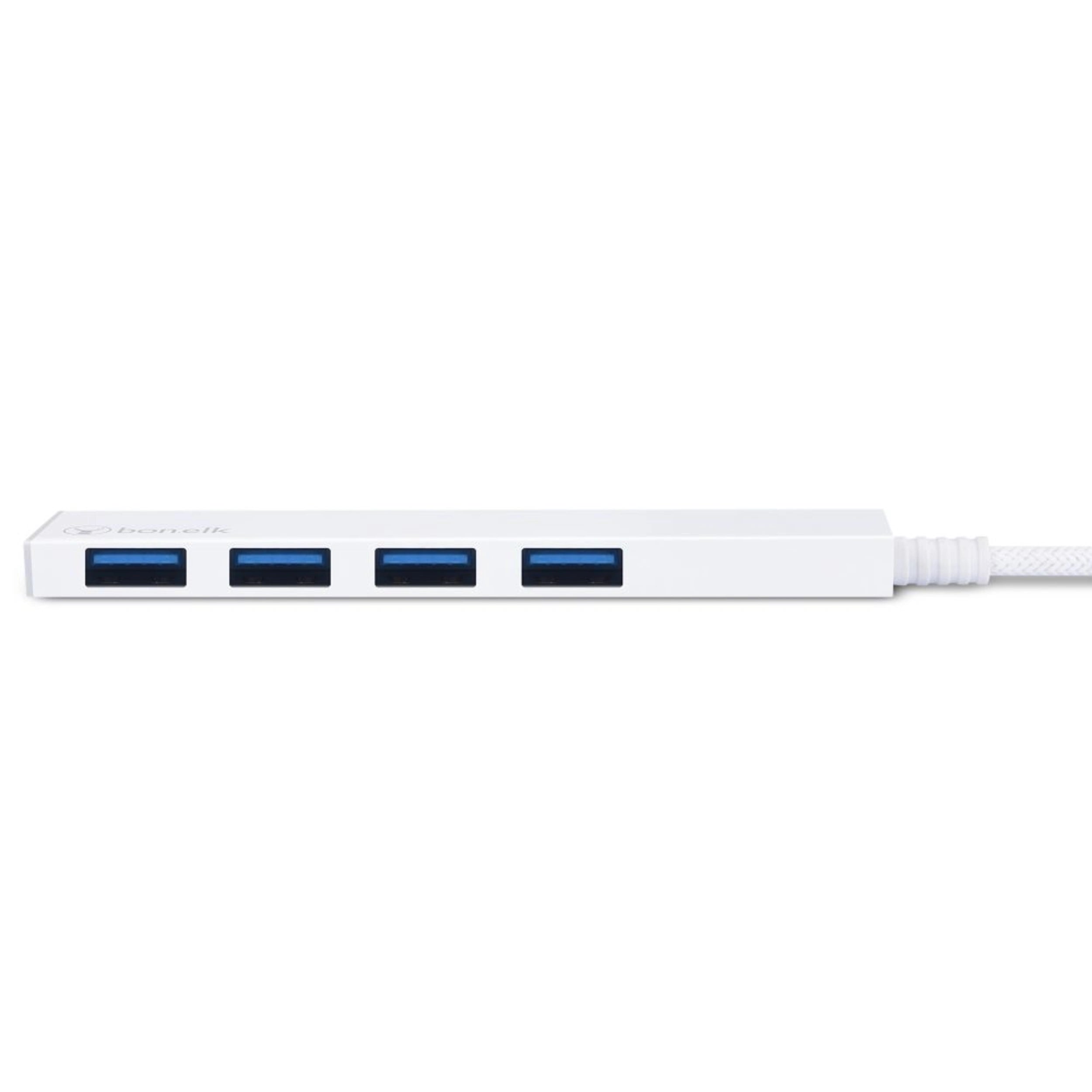 Bonelk 4-Port USB 3.0 Hub with USB-C Connector - Slim & Portable Multi-Port Adapter for Laptop, PC, MacBook - Fast Data Transfer & Charging (White) - Perfect for Home Office, Travel & Workspace Setup