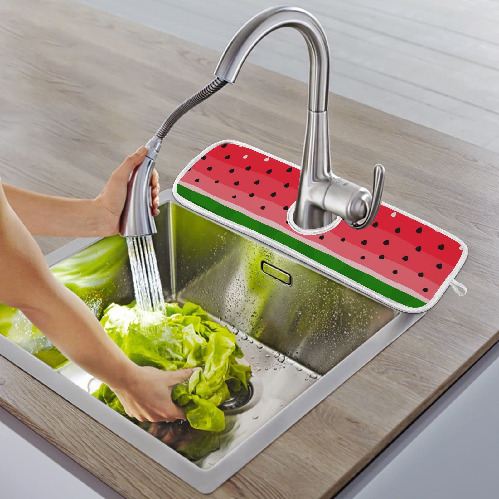 Premium Watermelon Seed Design Kitchen Sink Faucet Mat - 2 Pack Absorbent Splash Guard & Drip Catcher for Bar, Bathroom, RV Counter (23.6 x 5.5 Inch) - Ideal for Dish Drying, Sink Protection & Water Spill Prevention