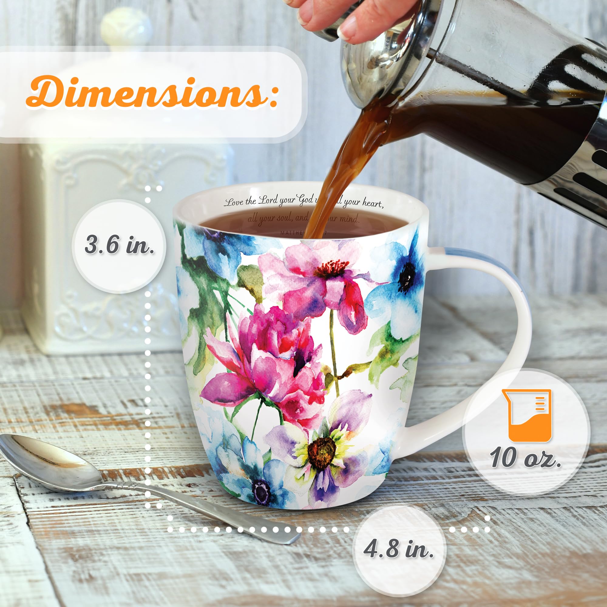 Christian Art Gifts - Seeds of Love Garden Blooms Ceramic Coffee & Tea Mug Set with Bible Verse (Boxed Set of 4) - Perfect for Women's Bible Study, Prayer Time & Christian Home Decor