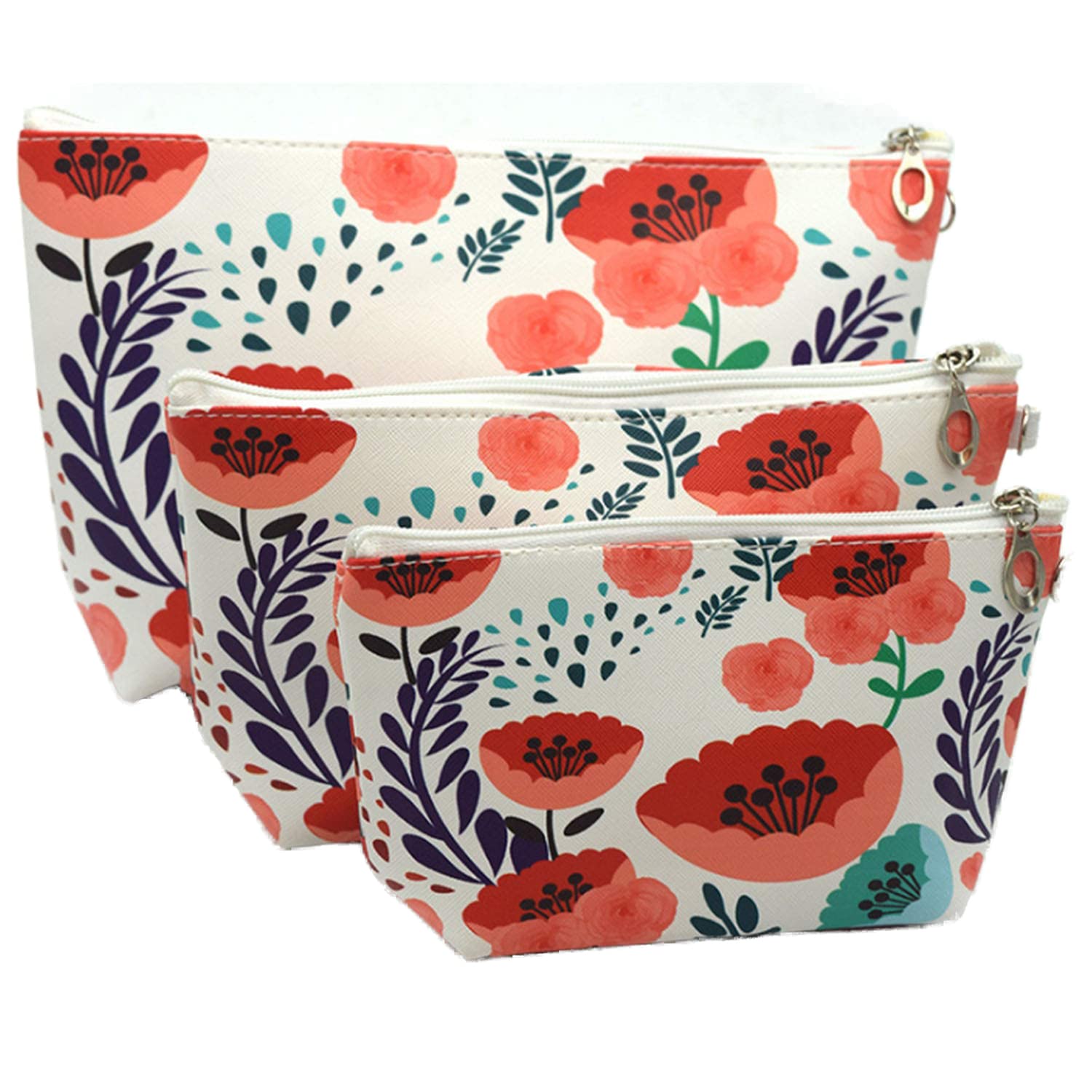 HappyDaily 3 Pack Waterproof Makeup Bags for Women - Multifunctional Cosmetic Organizer, Travel Toiletry Pouch & Storage Purse (Orange Sunflower Design) - Perfect for Travel, Gym & Daily Beauty Essentials