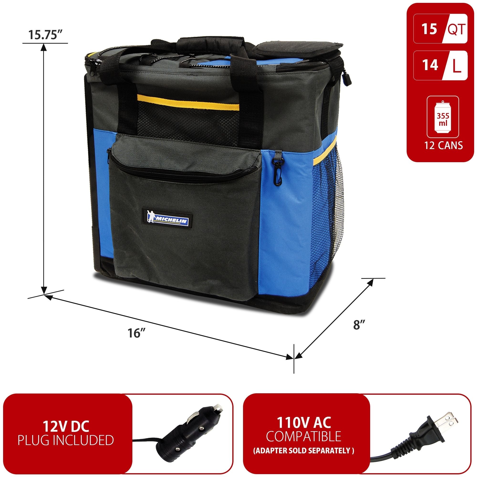 Michelin 12V Electric Cooler and Warmer - 14L (15qt) Portable Thermoelectric Lunch Box with Adjustable Strap | 12V DC Car Fridge for Picnics, Road Trips, Camping & RV Travel | Blue/Black Iceless Cooler for Work, Truck & Vehicle Use