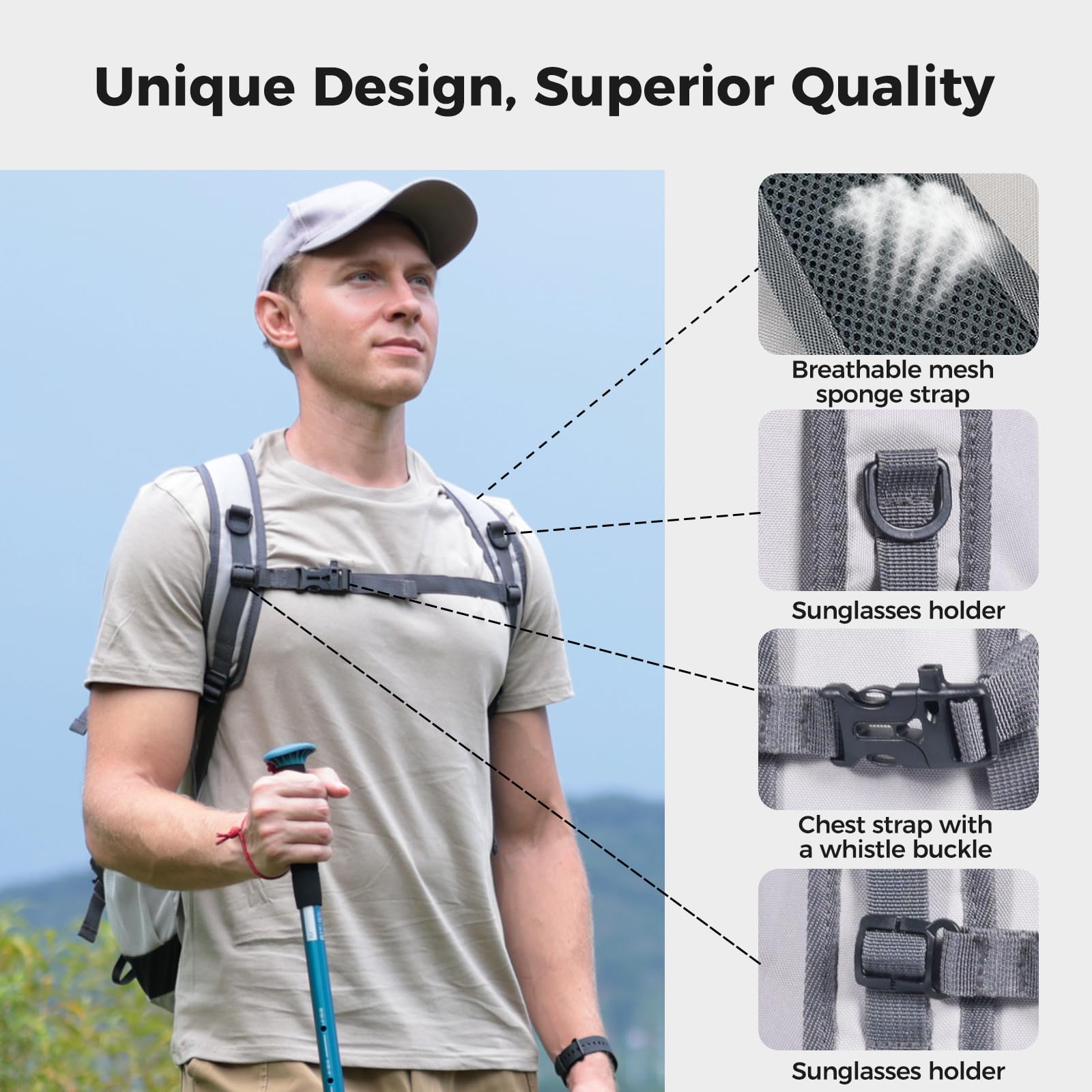 40L Waterproof Hiking Backpack - Ultra Lightweight Foldable Travel Backpack for Men & Women - Perfect for Camping, Trekking & Outdoor Adventures (Black/White)