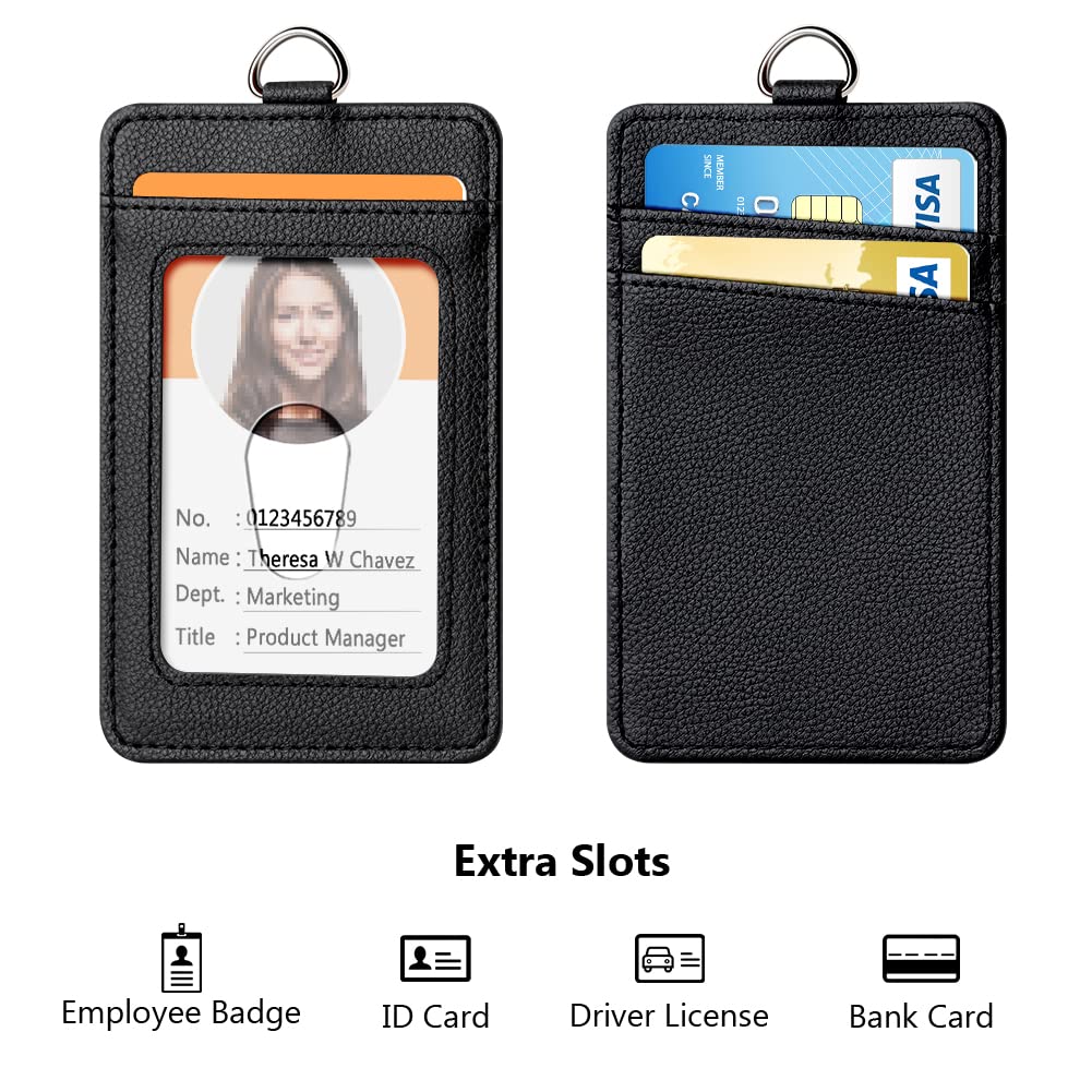 Leather Badge Holder with Retractable Lanyard - Office ID Card Holder for Staff & Students
