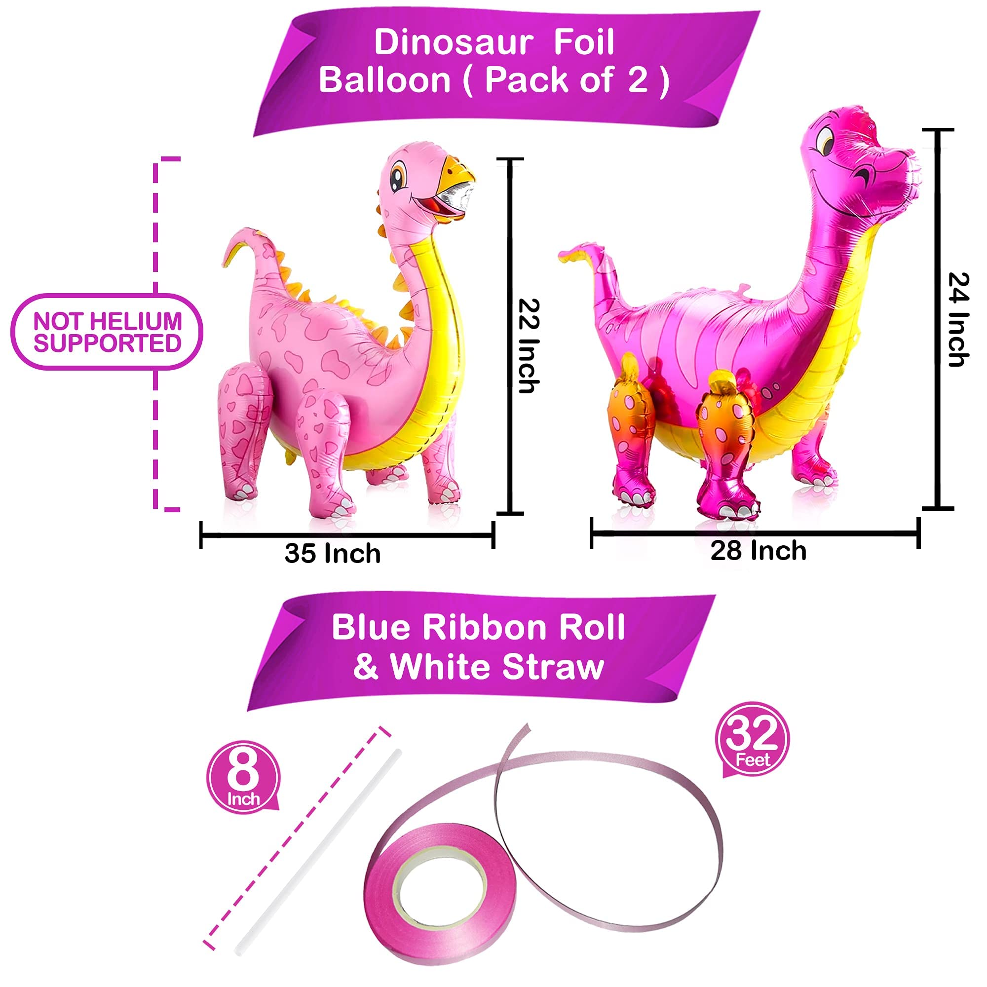 3D Pink Dinosaur Balloons for Girls - 35 Inch Large Tanystropheus Dinosaur Foil Balloons | 34 Inch 4D Dinosaur Party Decorations | Perfect for Birthday Parties, Baby Showers & Dinosaur-Themed Events