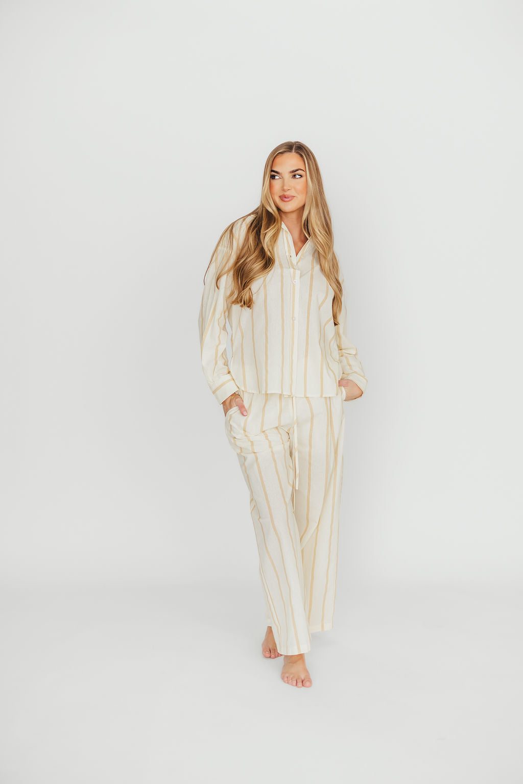 Rowan Pants in Beige Stripe - Women's High-Waisted Casual Trousers with Comfort Stretch | Perfect for Office, Travel & Everyday Wear