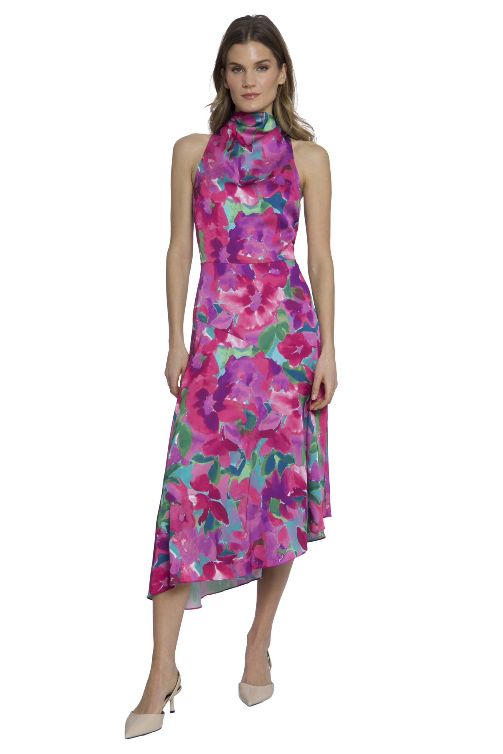 Elegant High Neck Halter Asymmetrical Fit and Flare Midi Dress for Women | Wedding Guest Dress | Cocktail Party & Formal Occasion Wear