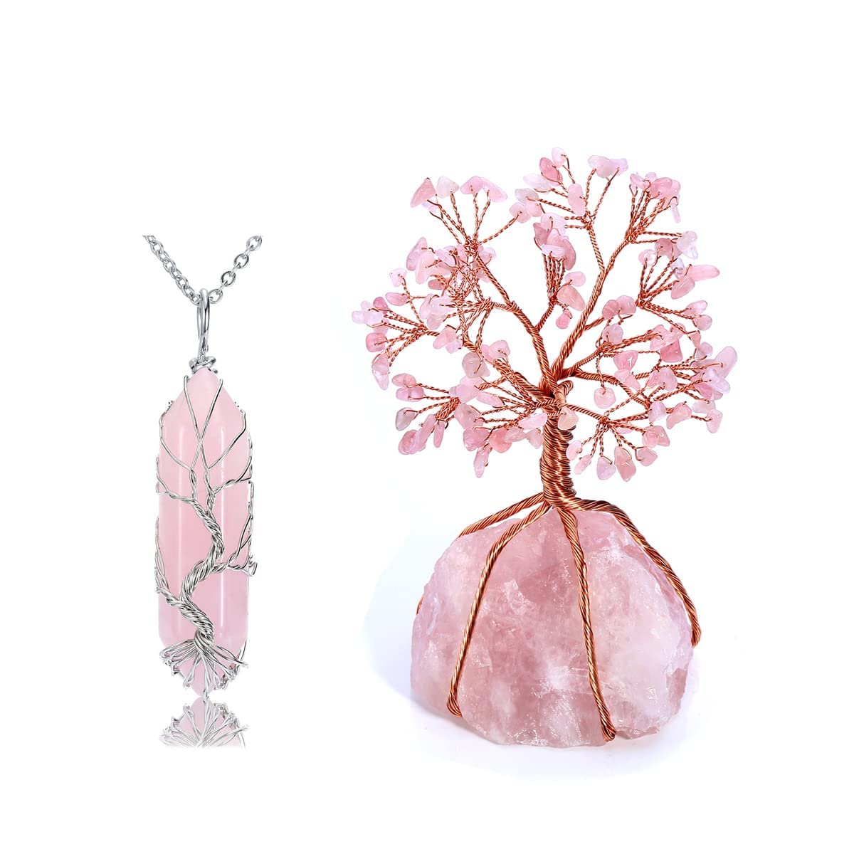 PESOENTH 2-Piece Set: Tree of Life Reiki Healing Crystal Pendant Necklace & Rose Quartz Money Tree Feng Shui Decor | Energy Stone Jewelry & Wealth Attractor for Home Office | Spiritual Gift for Meditation, Yoga & Positive Vibes