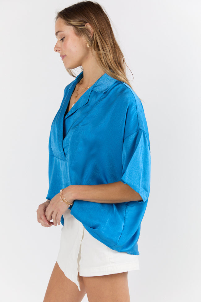 Elegant Blue Oversized Satin Collared Blouse for Women - Perfect for Office Wear, Evening Parties & Special Occasions