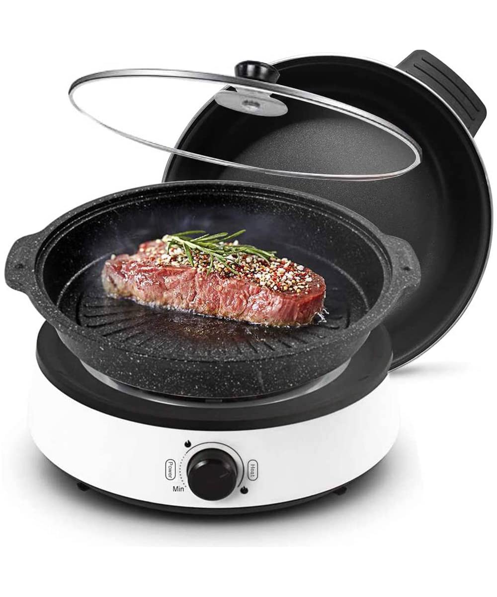TRAFK 4-in-1 Electric Skillet with Lid - 4L Capacity, 1350W Adjustable Temperature, Removable Non-Stick Plate - Perfect for Cooking Meats, Seafood, Steak, Pancakes & Cheese - Ideal for Home Kitchen, Dorm Room, Camping & Small Spaces (White)