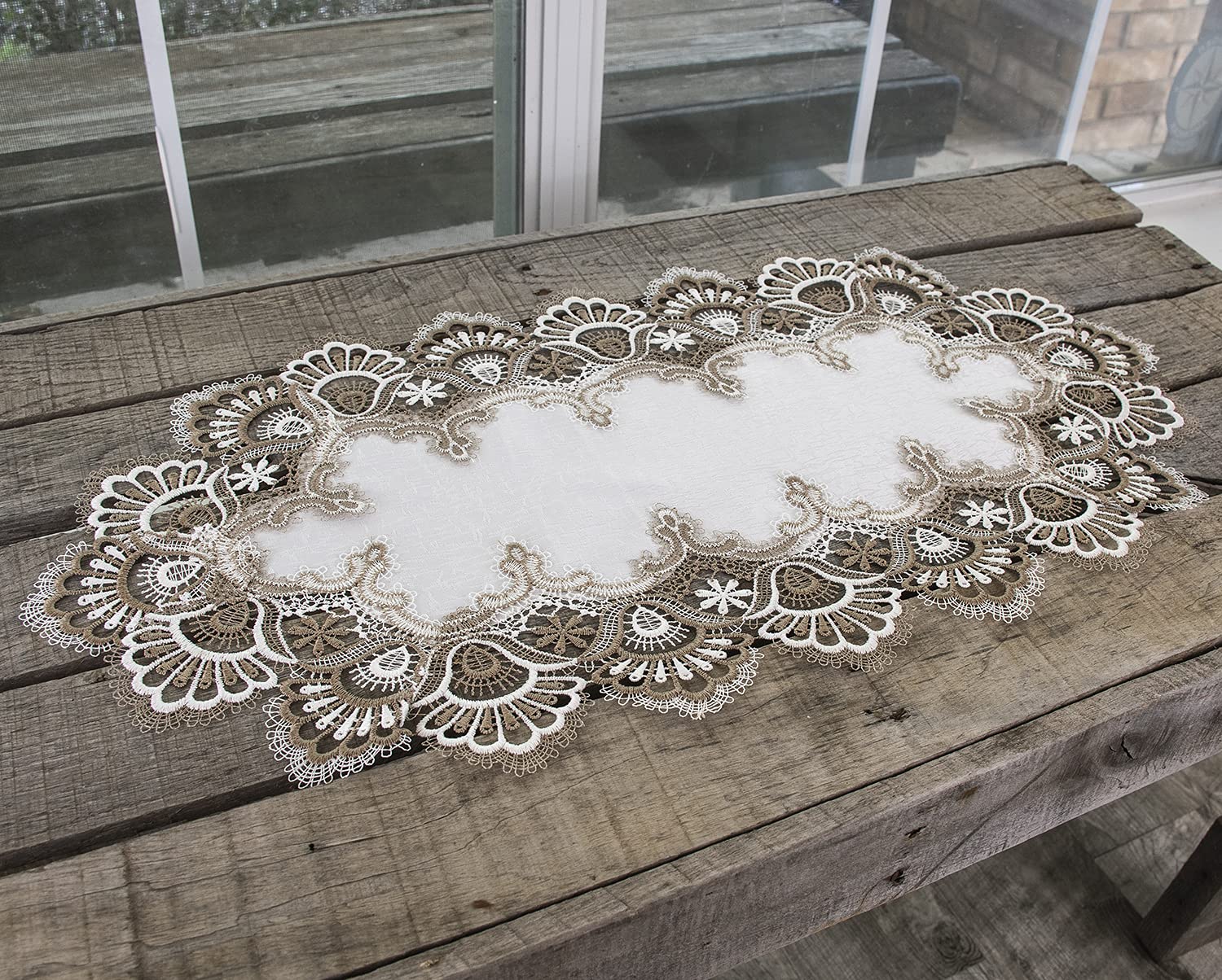 White Cocoa Earth Tones Jacquard Peacock Tail Lace Table Runner - Elegant Dresser Scarf & Coffee Table Decor (14x26 Inches) for Dining Room, Living Room & Wedding Decorations