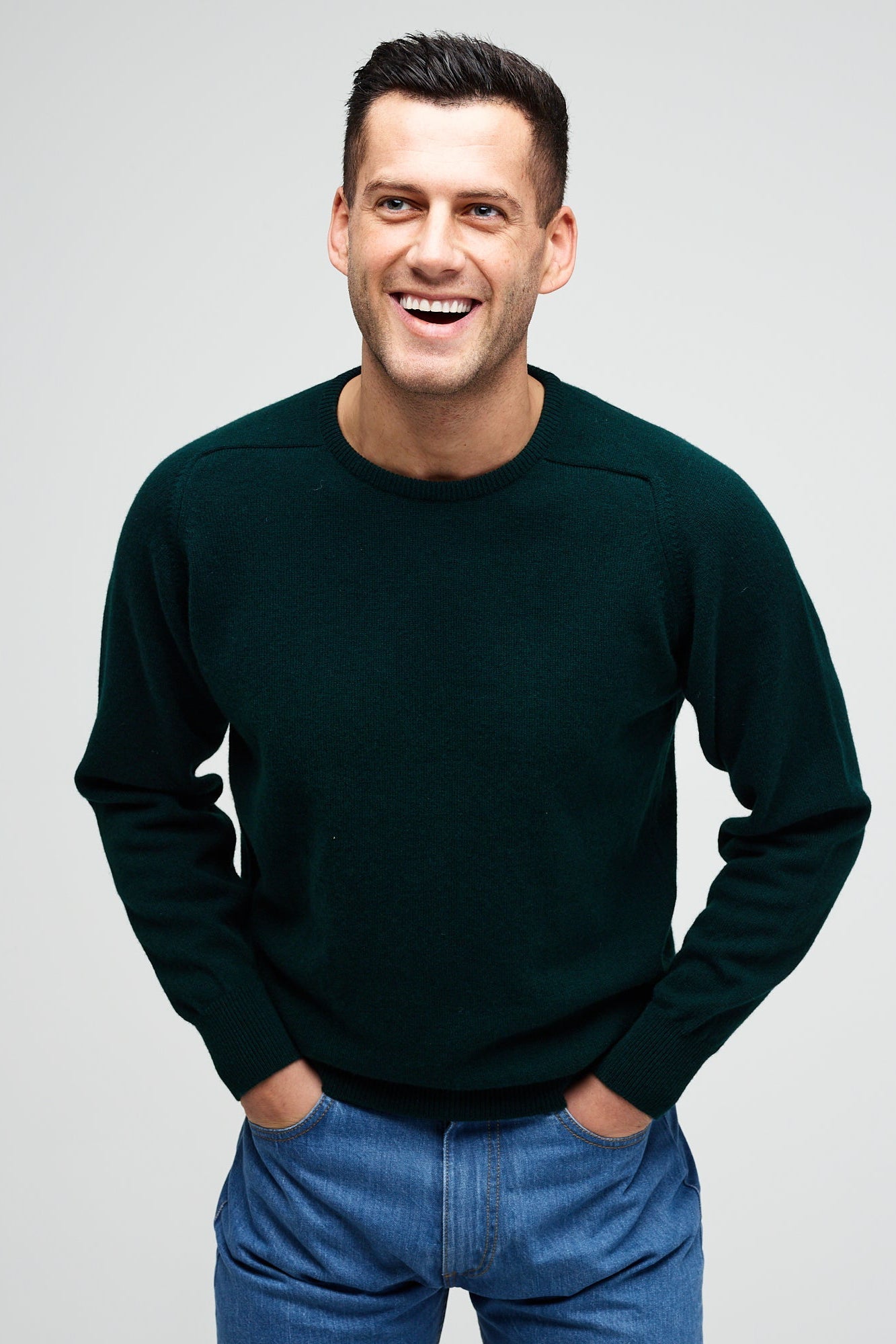 Premium Men's Lambswool Sweater - Saddle Shoulder Crew Neck Bottle Green | Soft & Warm Winter Pullover for Casual Wear & Outdoor Activities