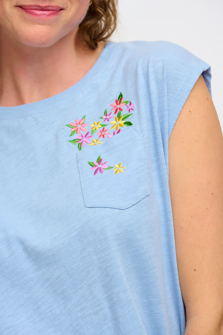 Chrissy Relaxed Fit Women's Tank Top with Floral Pocket - Soft & Comfortable Blue Floral Print T-Shirt for Casual Wear, Summer Outfits & Layering