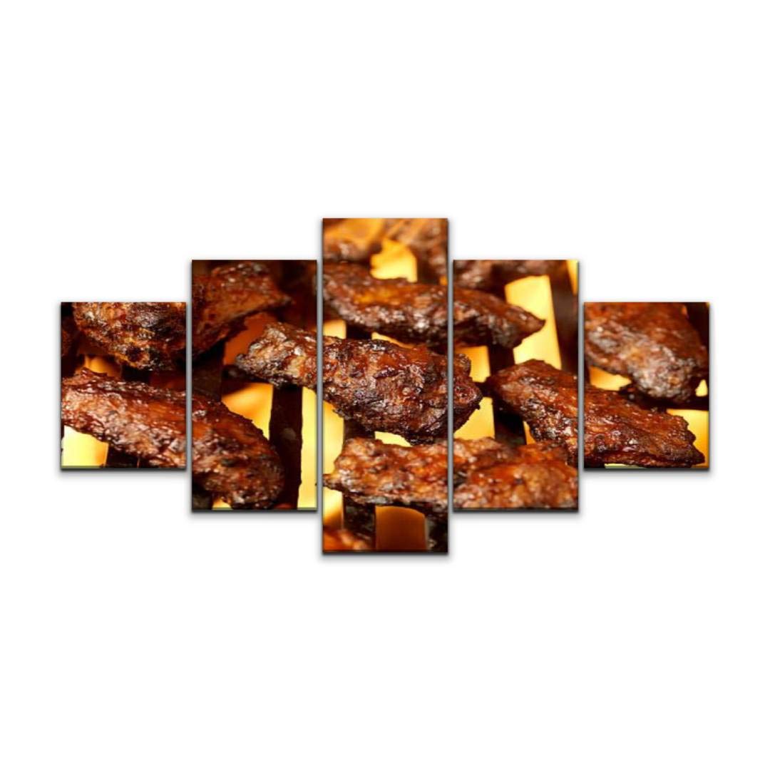 5-Panel BBQ Chicken Wings on Grill Canvas Wall Art - Modern Abstract Kitchen Decor Stretched & Framed Ready to Hang (60