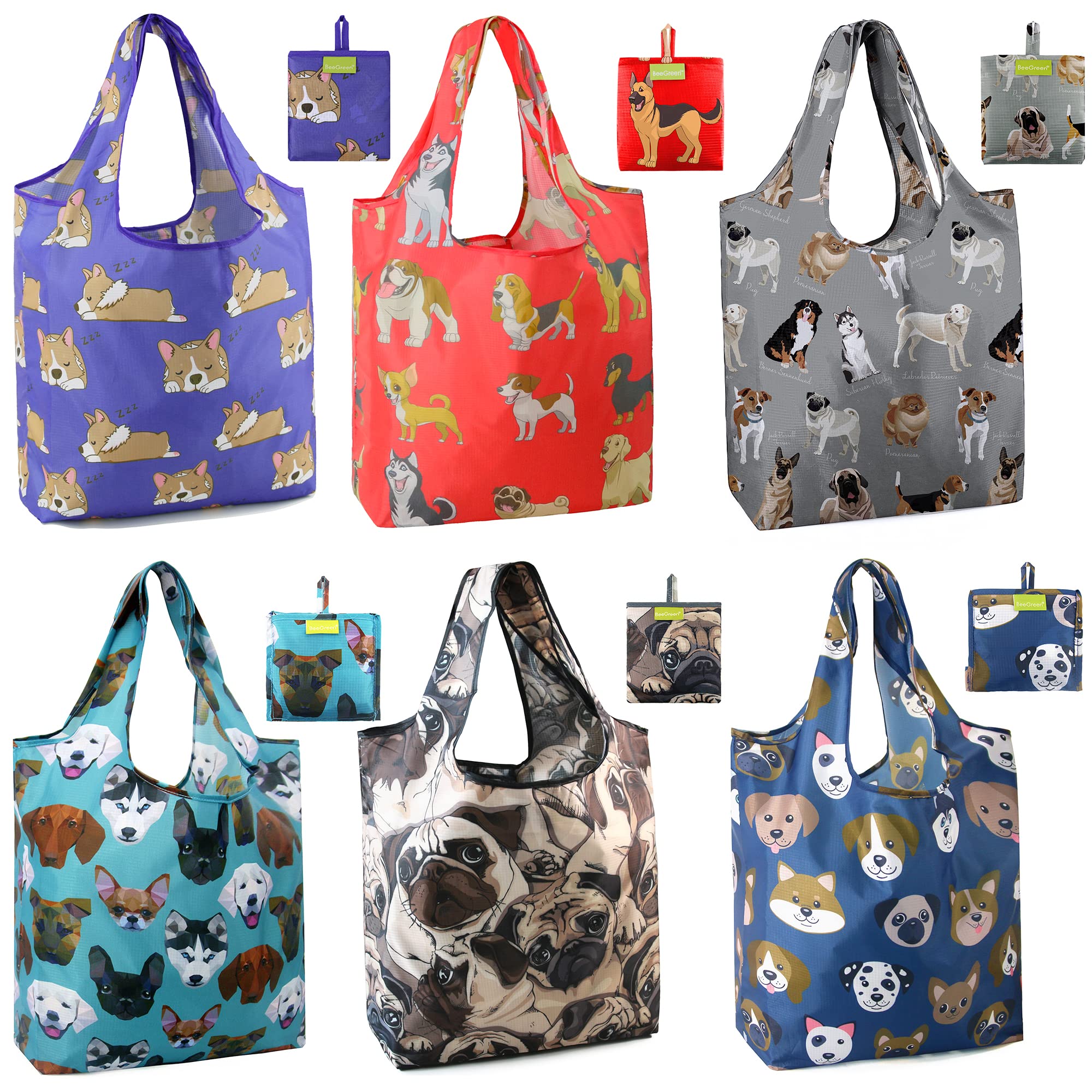 BeeGreen Reusable Foldable Grocery Shopping Bags - 6 Pack Large Washable Cloth Tote Bags with Handles, Cute Dog Print Holiday Gift Bags for Groceries, Heavy Duty Bulk Shopping - Perfect for Grocery Hauling, Farmers Market, and Eco-Friendly Gift Giving