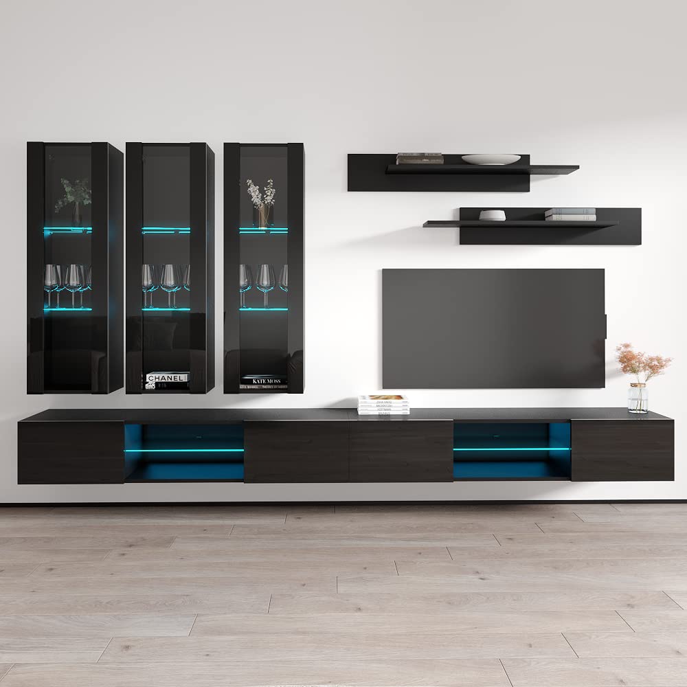Modern Floating TV Stand with Storage & LED Lights - Wall-Mounted Entertainment Center Console for Living Room & Bedroom - Meble E3 33