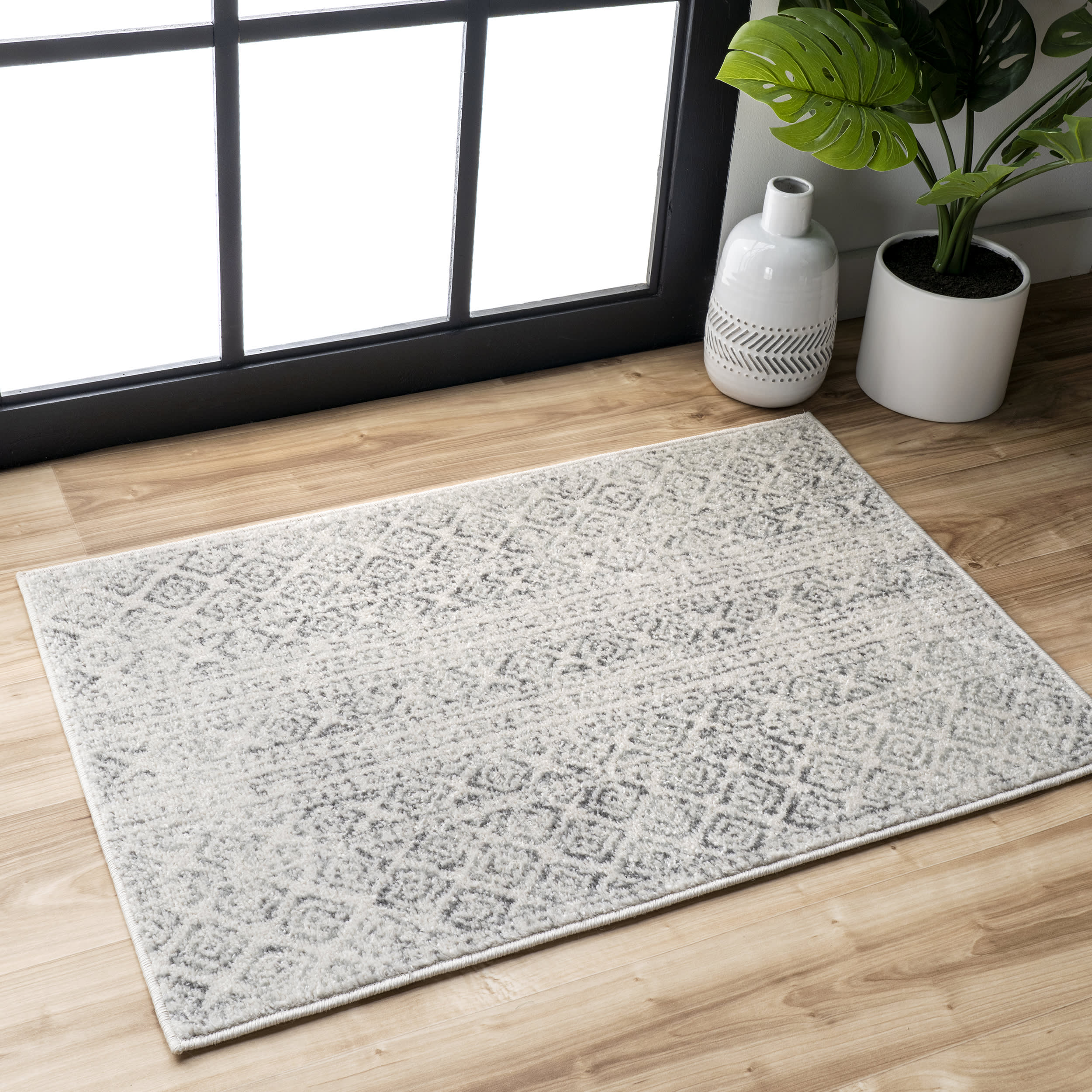 Banded Bird Eye Diamonds Area Rug - Soft Grey Modern Geometric Design for Living Room, Bedroom & Office Decor