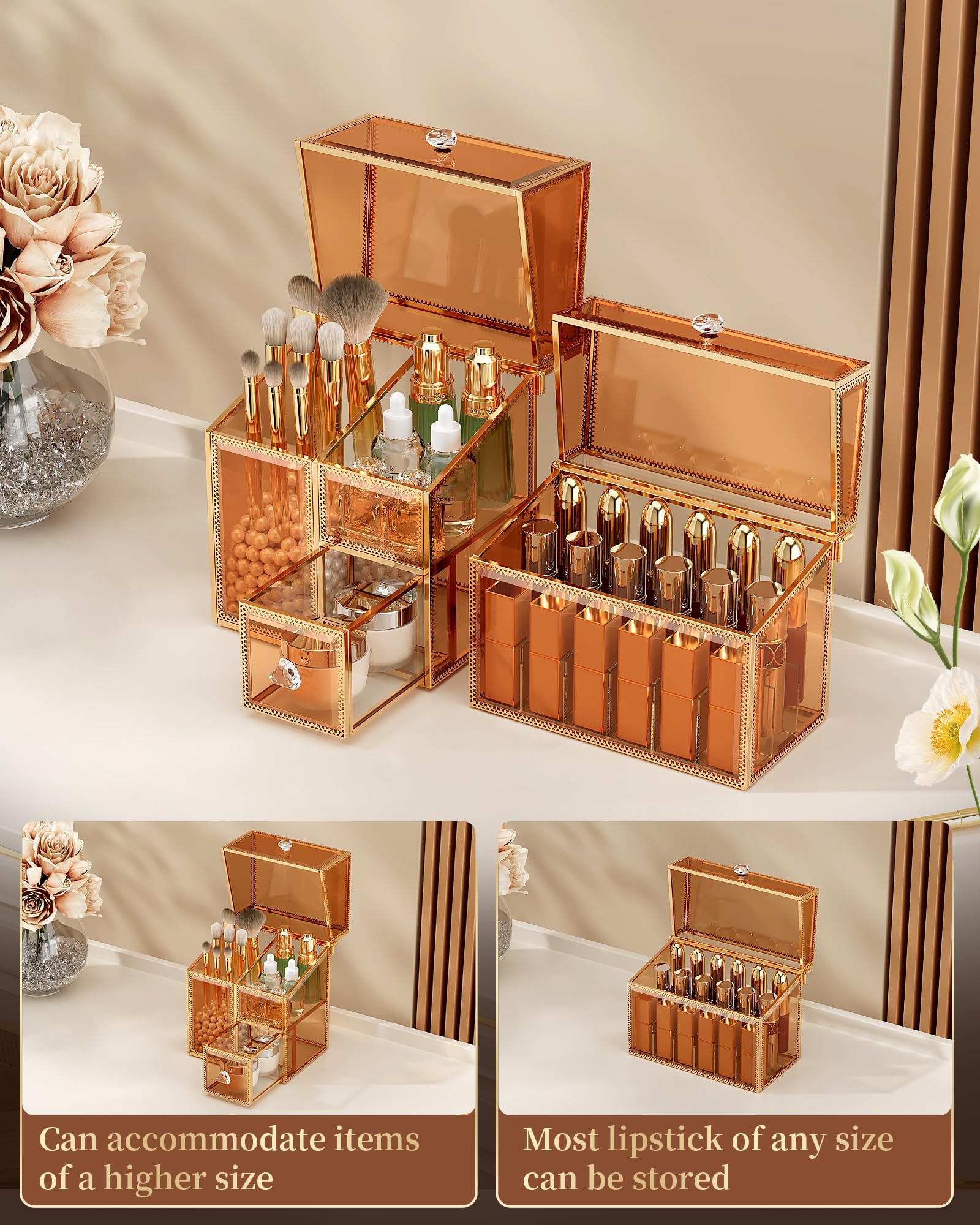 Luxury 2-Piece Makeup Organizer Set - Brush & Lipstick Holder for Vanity Countertop | Cosmetics & Skincare Storage