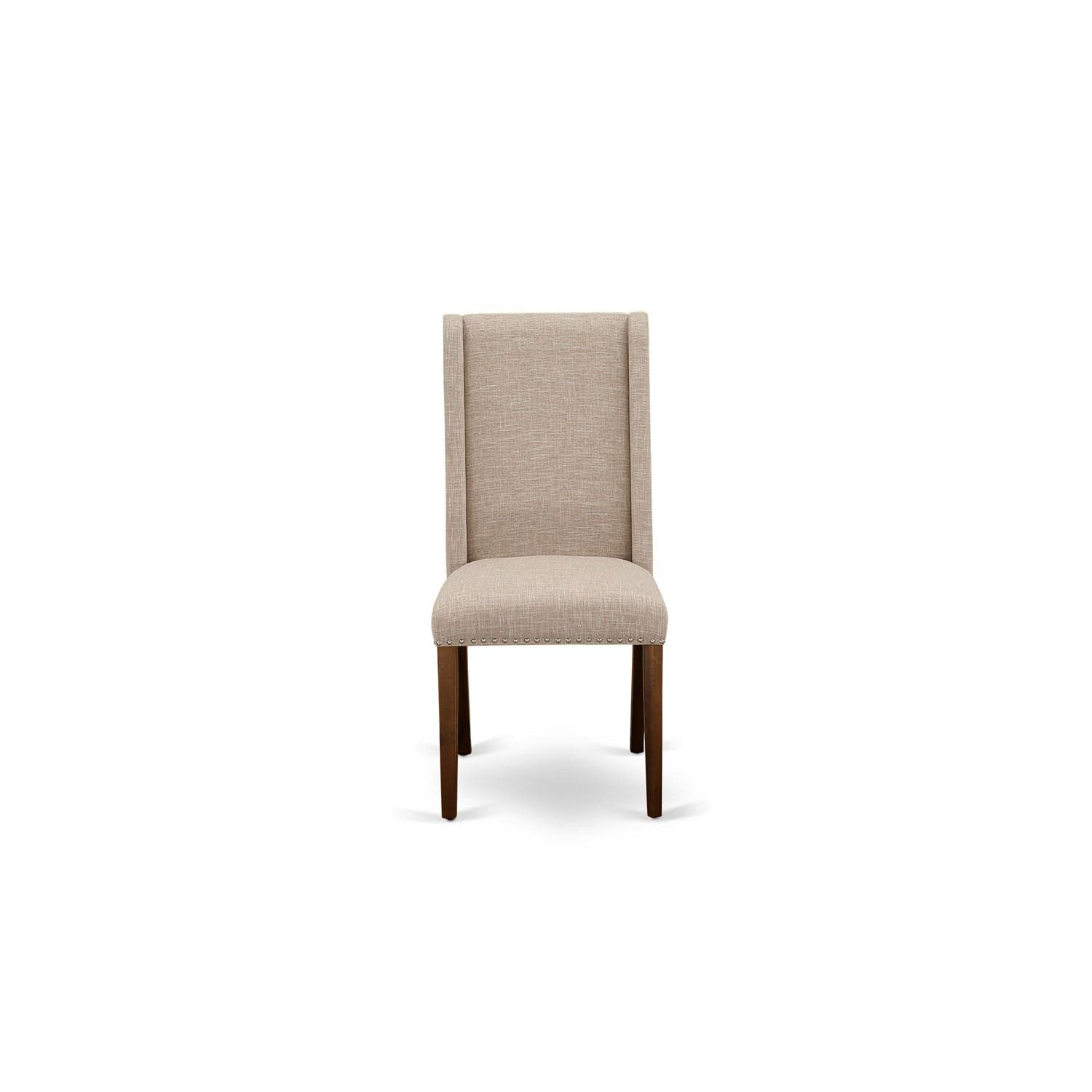 East West Furniture FLP8T04 Florence Parson Dining Chairs Set of 2 - Light Tan Linen Upholstery with Nailhead Trim & Walnut Finish | Elegant Dining Room Seating for Formal Dinners & Home Decor