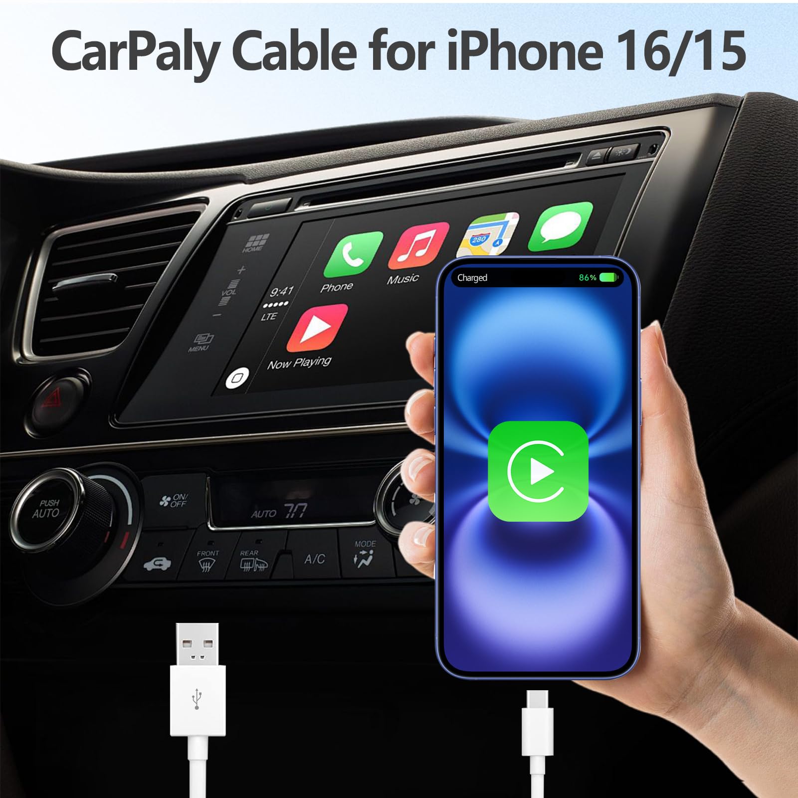 Premium USB A to USB C Fast Charging Cable for Apple CarPlay - Compatible with iPhone 16/16 Plus/16 Pro/16 Pro Max & AirPods 4/Pro 2 - 3FT White Car Charger Cord for Road Trips & Daily Commutes
