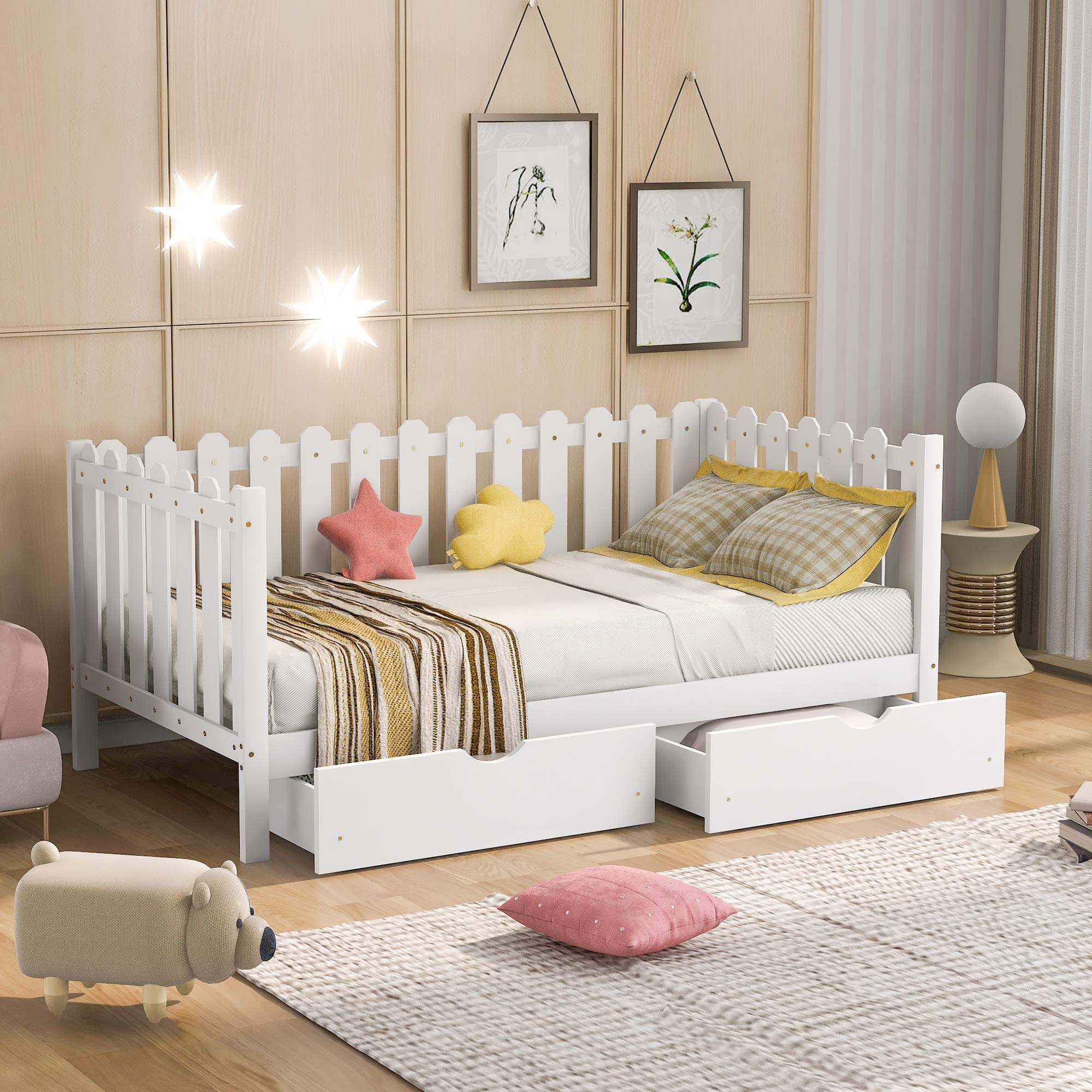 KLMM Twin Daybed with 2 Storage Drawers - Solid Wood Sofa Bed Frame for Small Spaces - Rustic Style Convertible Bed for Bedroom, Living Room or Guest Room (White) - Perfect for Apartments, Dorms & Home Offices