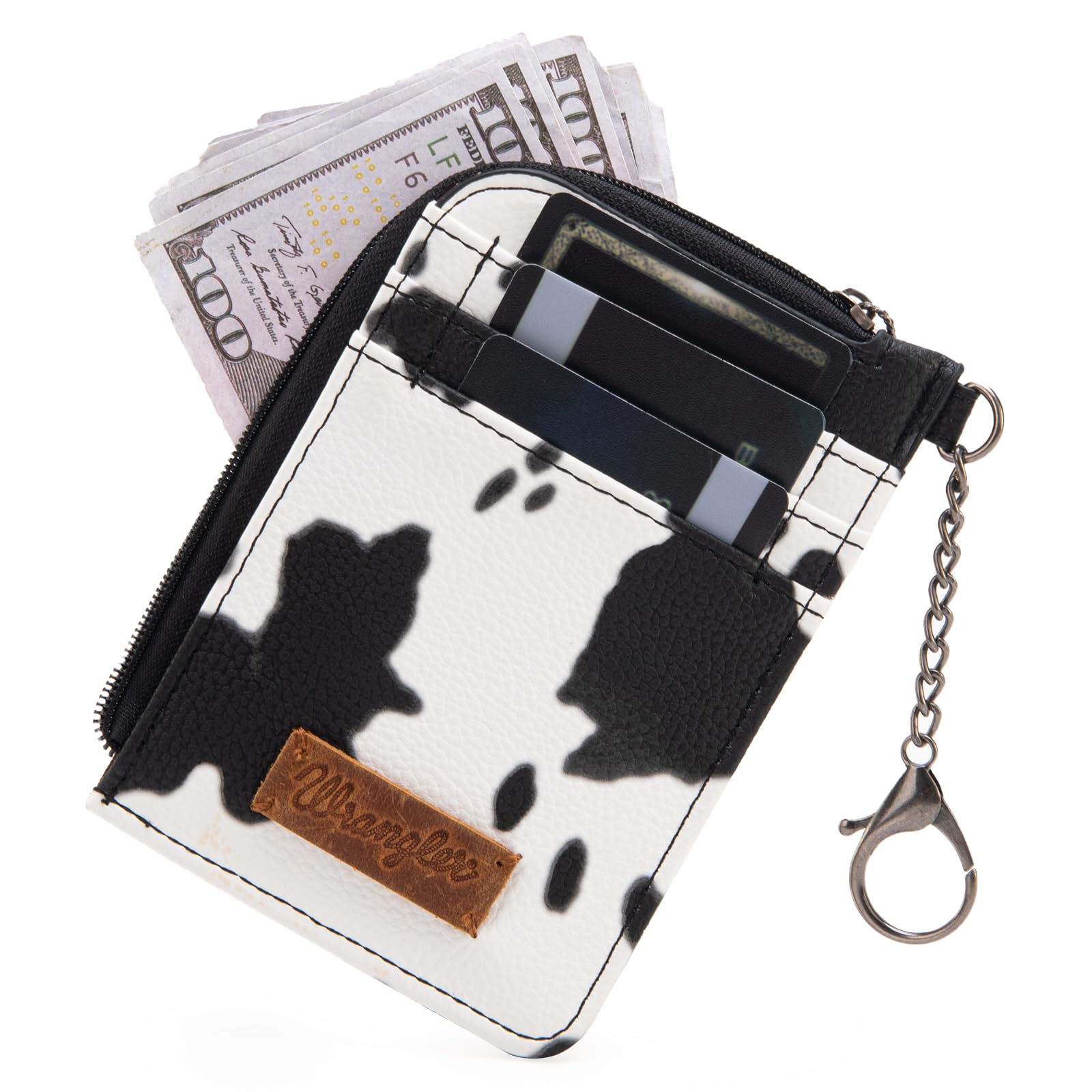 Montana West Wrangler Full Cow Print Leather Credit Card Holder - Western Style Slim Wallet for Women with Zipper Pocket & Keychain | Minimalist Black Cowhide Design | Perfect for Everyday Use, Travel & Gift Giving