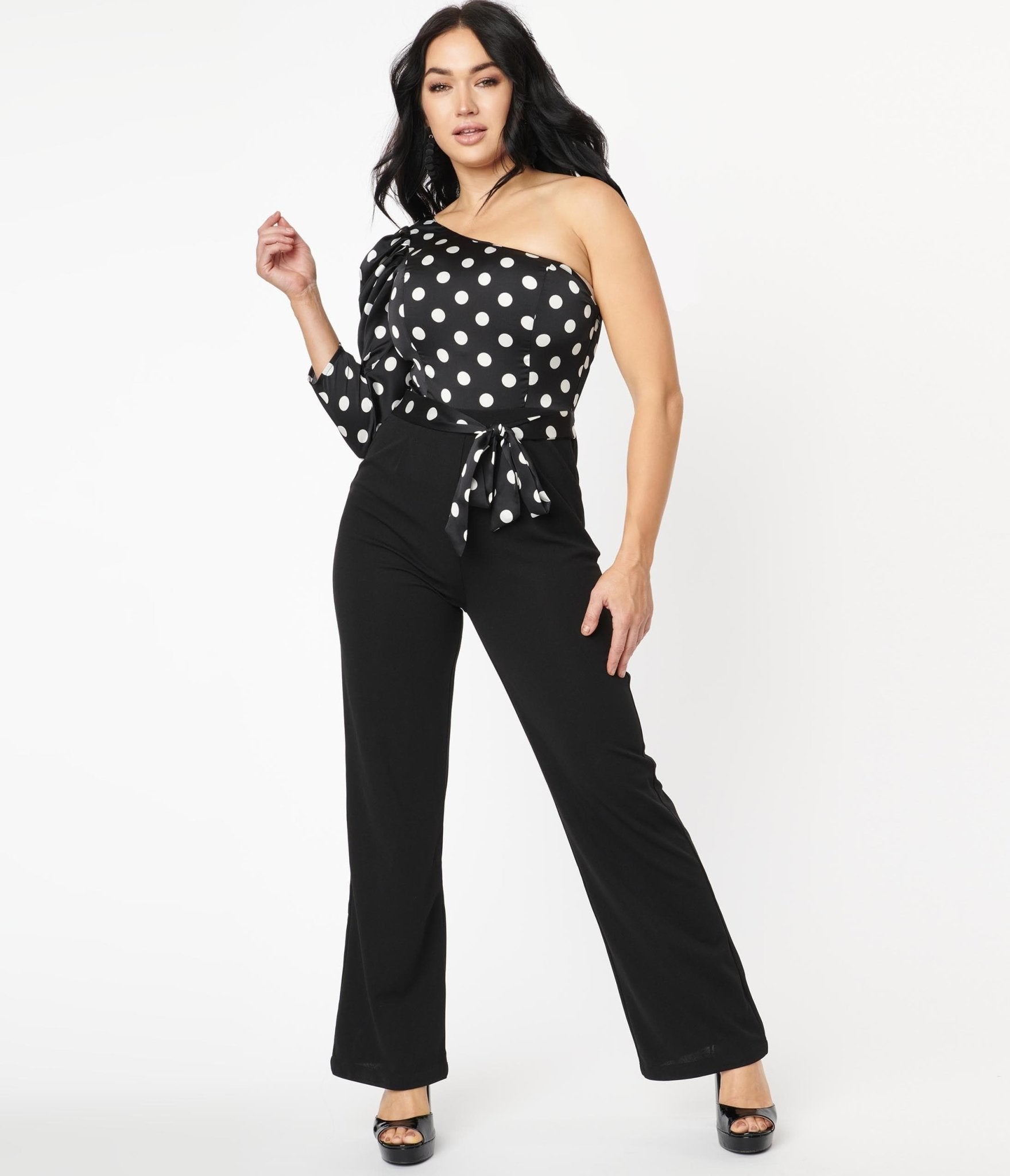 Vintage 1970s Black & White Polka Dot One Shoulder Jumpsuit - Retro Party Outfit for Women, Perfect for 70s Theme Parties, Concerts & Date Nights