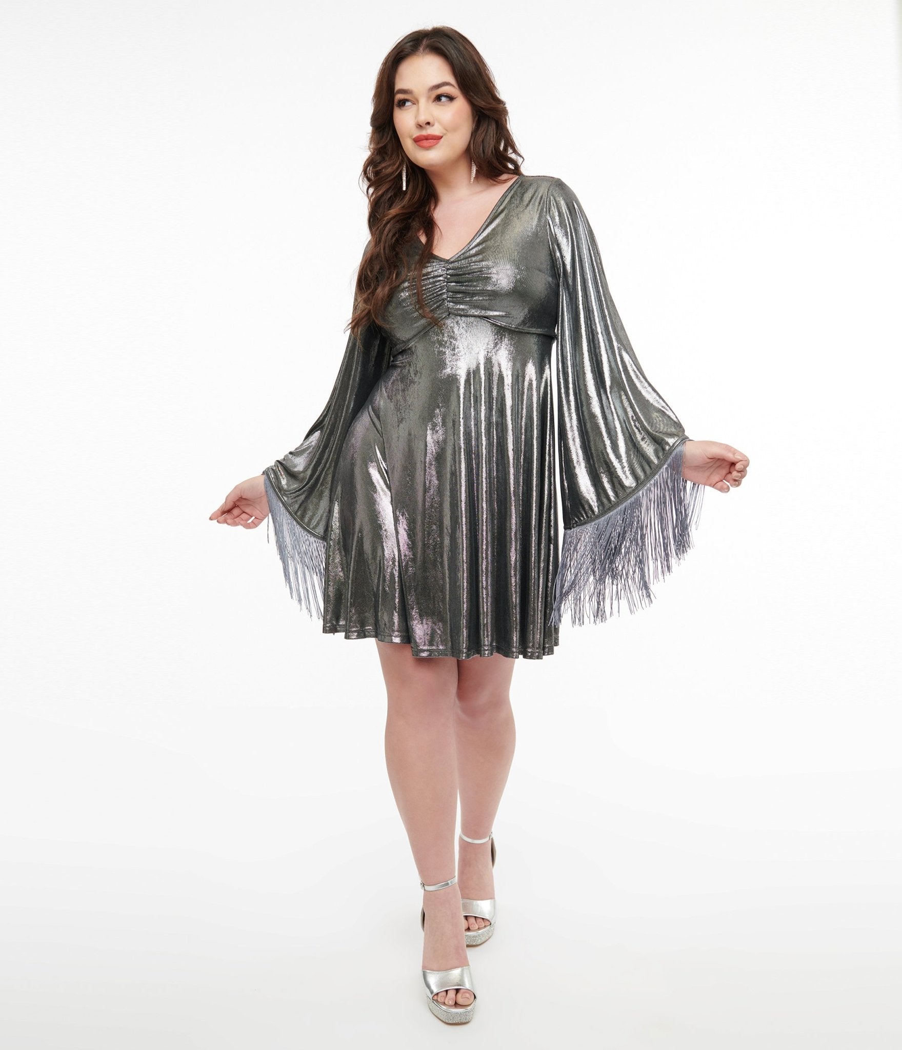 Smak Parlour 1970s Silver Metallic Fringe Fit & Flare Dress - Vintage Inspired Party & Evening Wear for Women