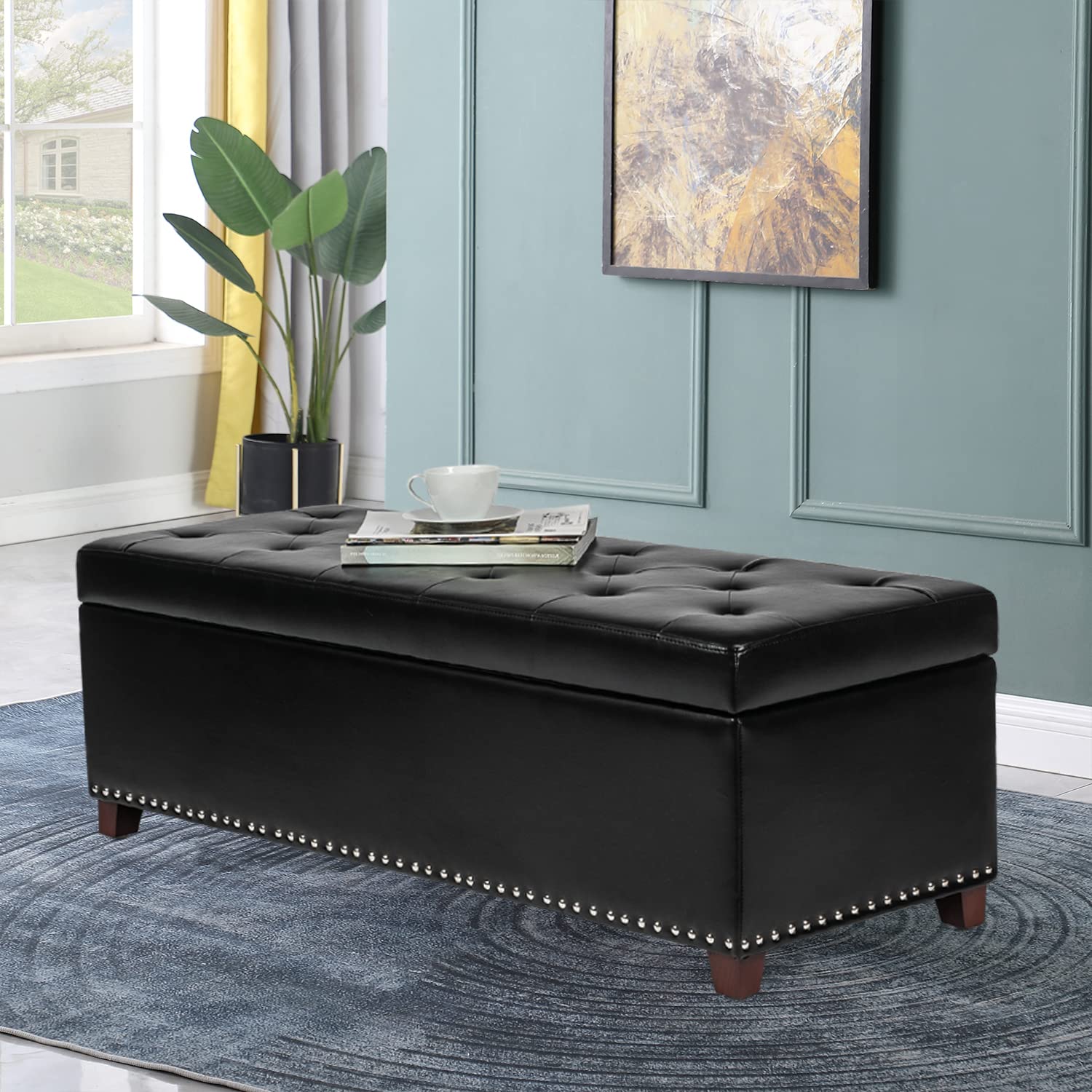 Joveco 47 Inch Tufted Leather Storage Ottoman Bench with Nailhead Trim - Black Footrest Stool for Bedroom, Living Room & Entryway - Multi-Functional Seat & Hidden Storage Space