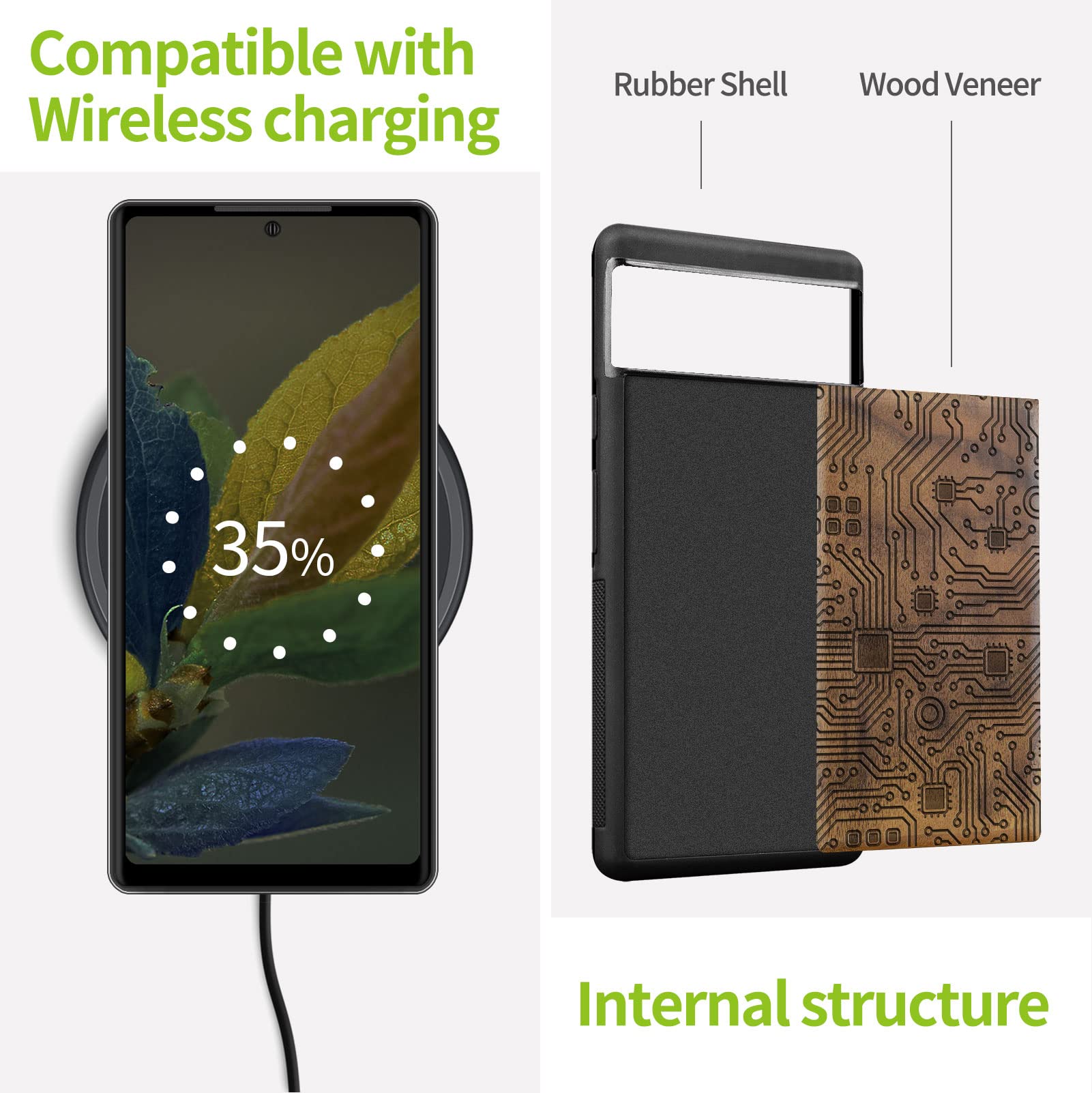 Carveit Wooden Phone Case for Google Pixel 6 (2021) - Natural Walnut Wood & Black TPU Hybrid Shockproof Protective Cover | Slim Durable Design for Everyday Use & Business Professionals